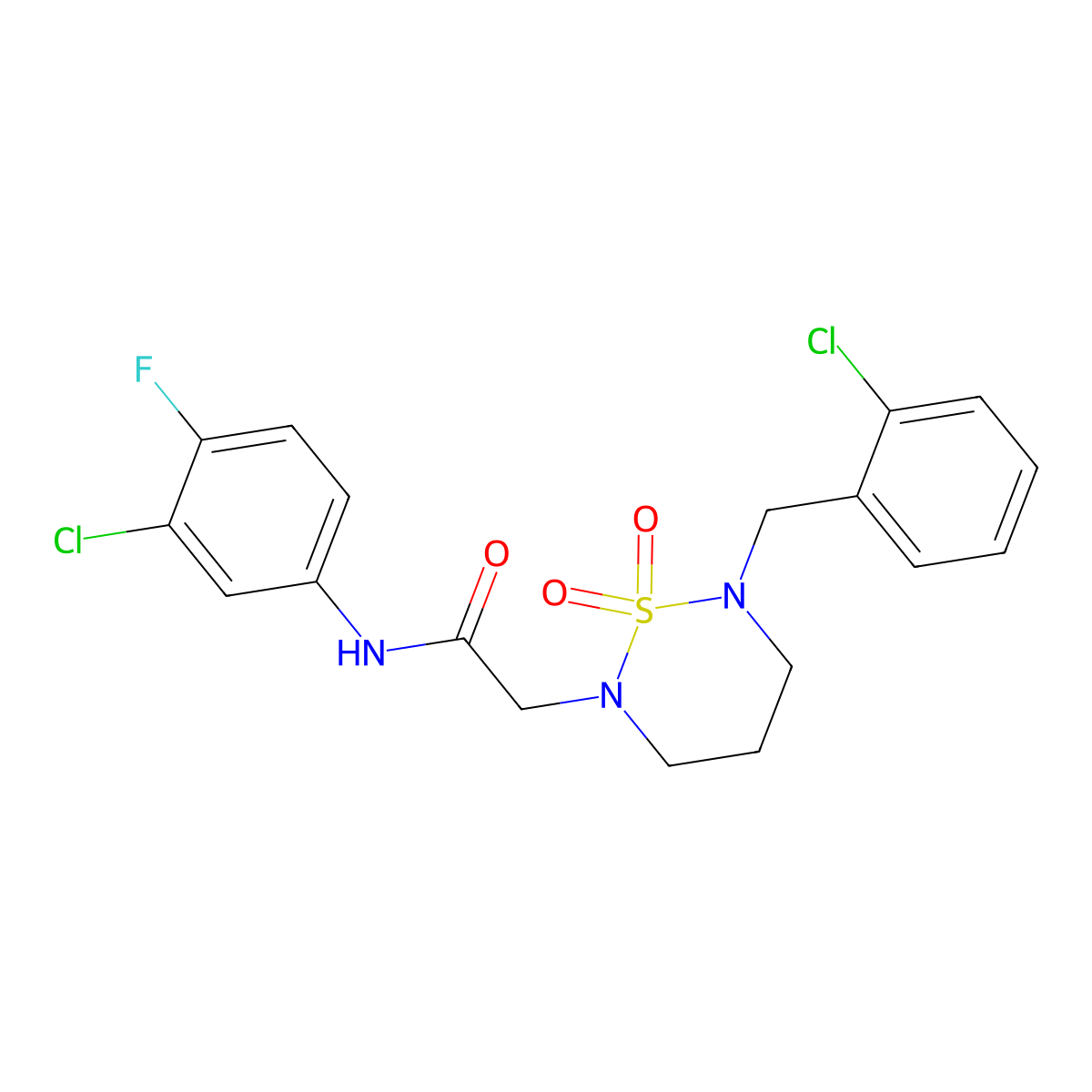 2-[6-(2-chlorobenzyl)-1,1-dioxido-1,2,6-thiadiazinan-2-yl]-N-(3-chloro-4-fluorophenyl)acetamide molecular structure, CAS 1031605-76-1