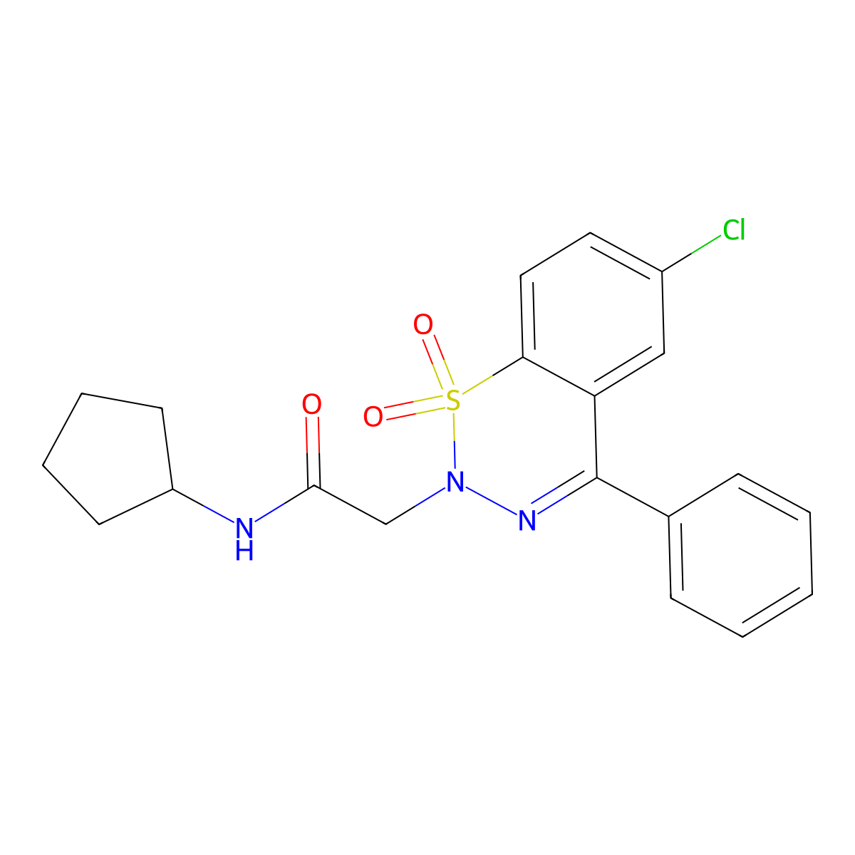 2-(6-chloro-1,1-dioxido-4-phenyl-2H-benzo[e][1,2,3]thiadiazin-2-yl)-N-cyclopentylacetamide molecular structure, CAS 1031619-25-6