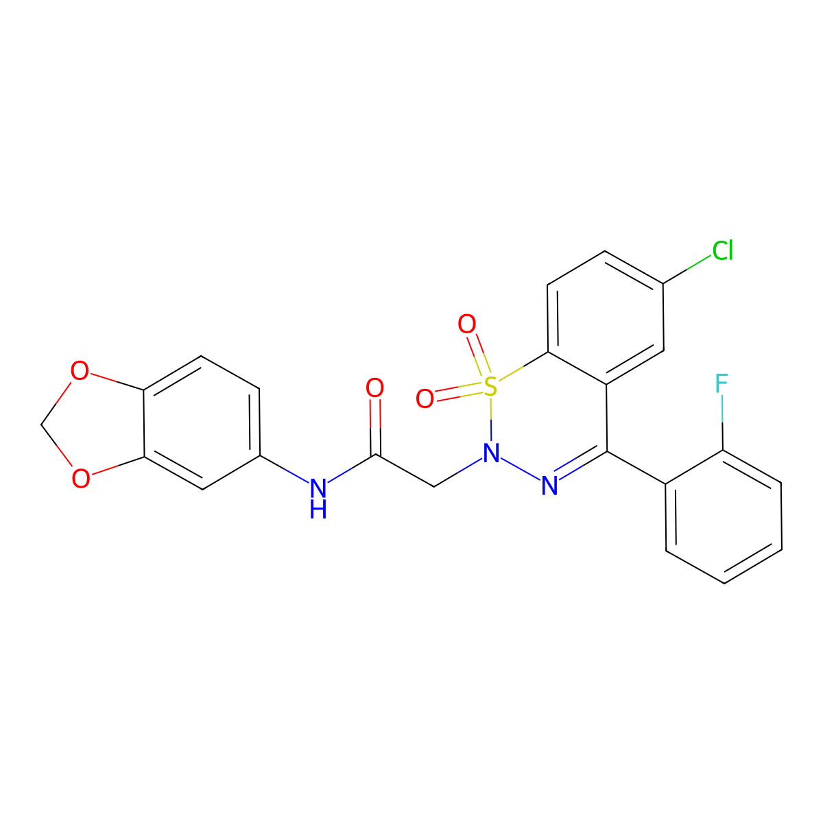 N-(1,3-benzodioxol-5-yl)-2-[6-chloro-4-(2-fluorophenyl)-1,1-dioxido-2H-1,2,3-benzothiadiazin-2-yl]acetamide molecular structure, CAS 1031619-43-8