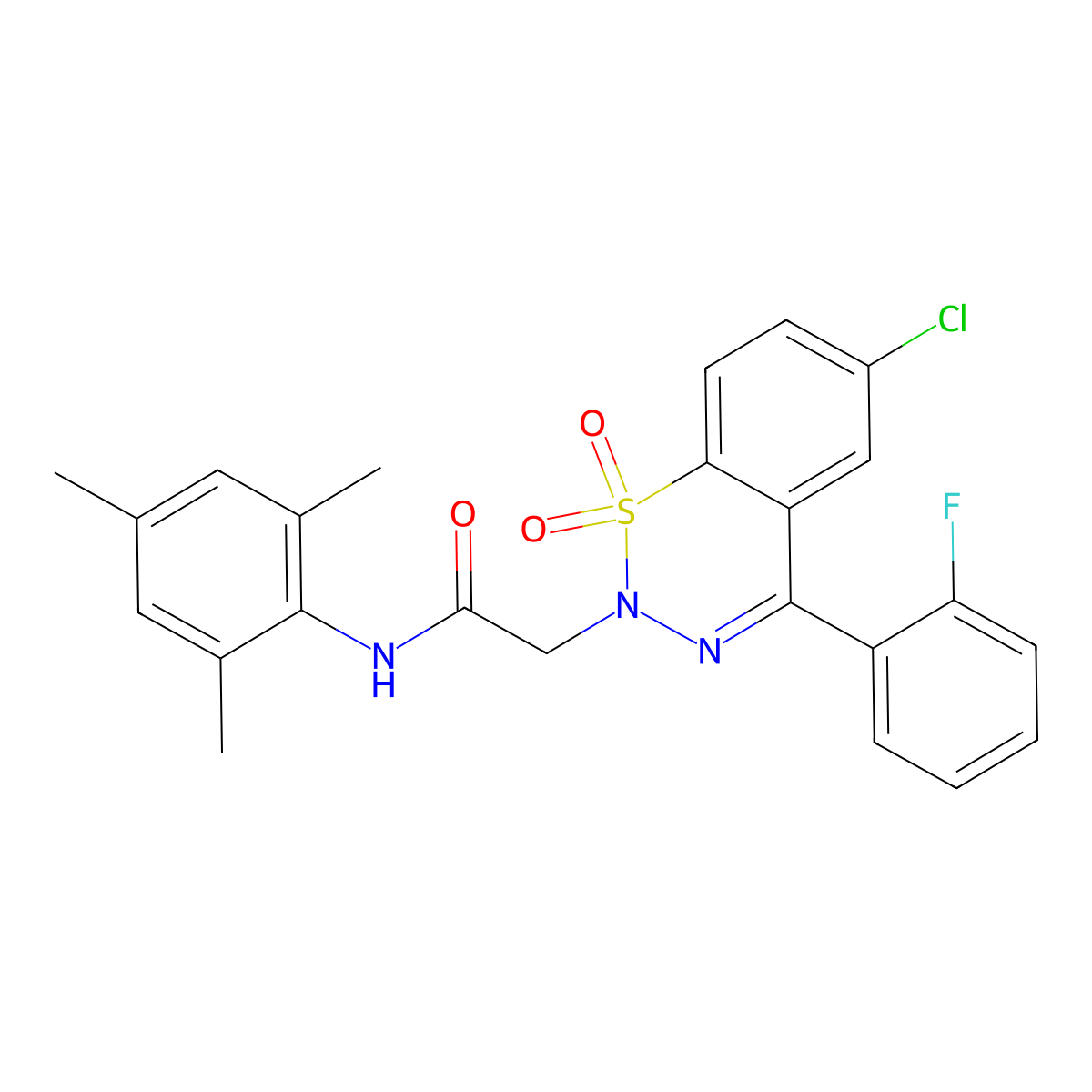 2-(6-chloro-4-(2-fluorophenyl)-1,1-dioxido-2H-benzo[e][1,2,3]thiadiazin-2-yl)-N-mesitylacetamide molecular structure, CAS 1031619-49-4