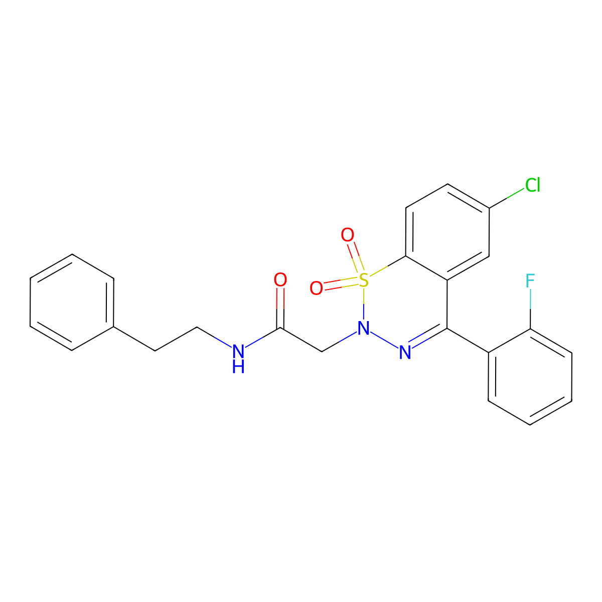 2-(6-chloro-4-(2-fluorophenyl)-1,1-dioxido-2H-benzo[e][1,2,3]thiadiazin-2-yl)-N-phenethylacetamide molecular structure, CAS 1031619-55-2