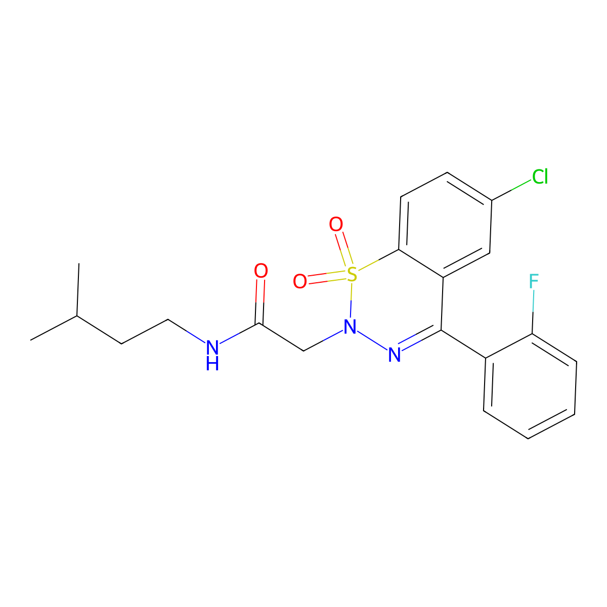 2-(6-chloro-4-(2-fluorophenyl)-1,1-dioxido-2H-benzo[e][1,2,3]thiadiazin-2-yl)-N-isopentylacetamide molecular structure, CAS 1031619-58-5