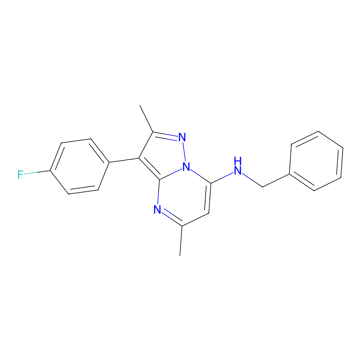 N-benzyl-3-(4-fluorophenyl)-2,5-dimethylpyrazolo[1,5-a]pyrimidin-7-amine molecular structure, CAS 1031626-76-2