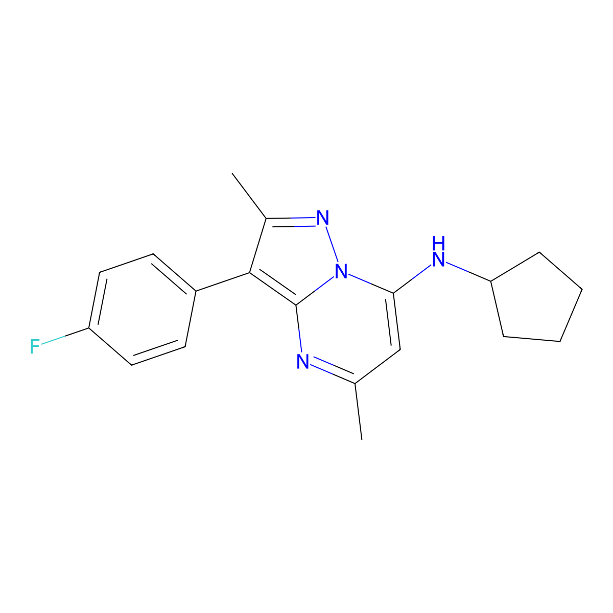 N-cyclopentyl-3-(4-fluorophenyl)-2,5-dimethylpyrazolo[1,5-a]pyrimidin-7-amine molecular structure, CAS 1031626-91-1