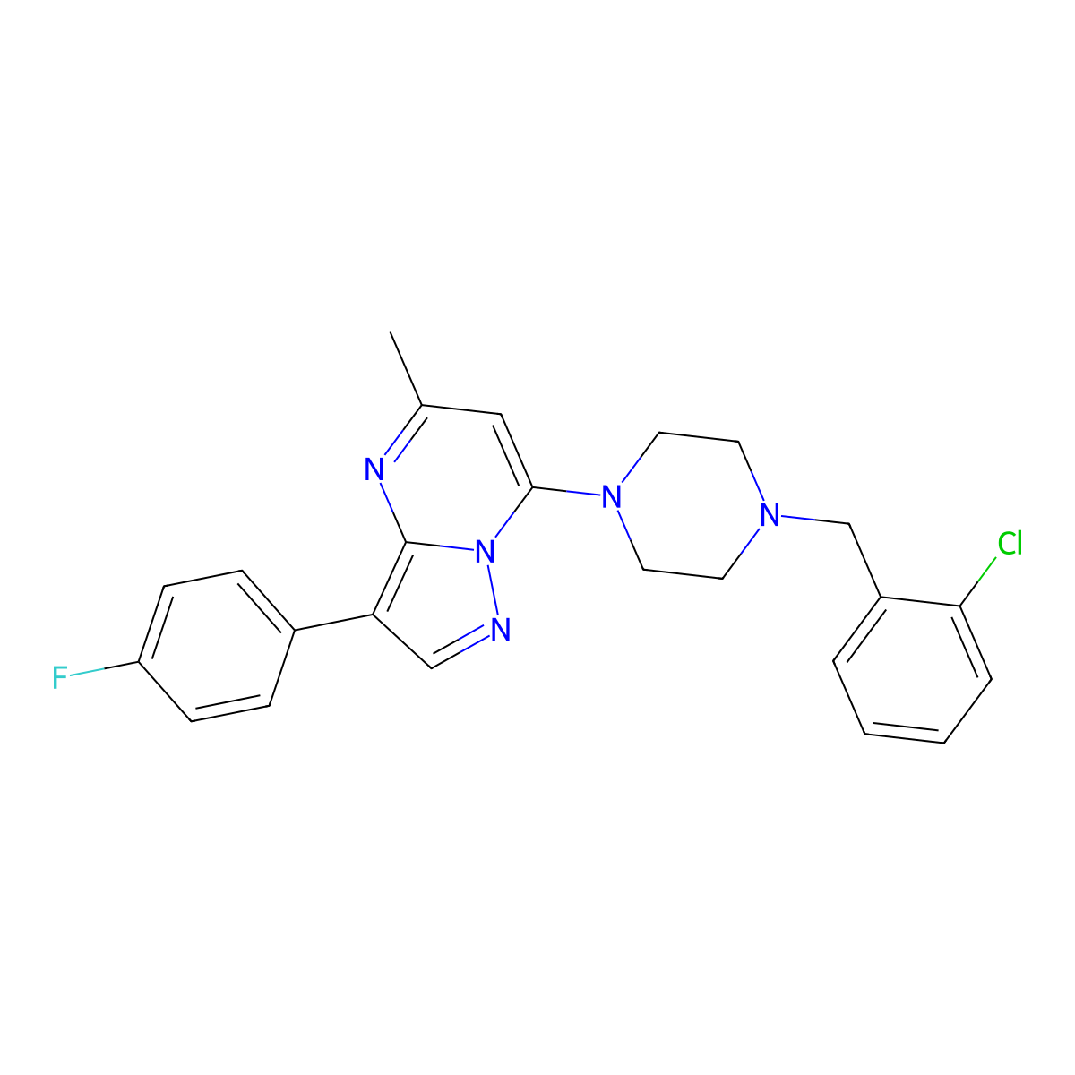 7-[4-(2-Chlorobenzyl)piperazin-1-yl]-3-(4-fluorophenyl)-5-methylpyrazolo[1,5-a]pyrimidine molecular structure, CAS 1031627-27-6