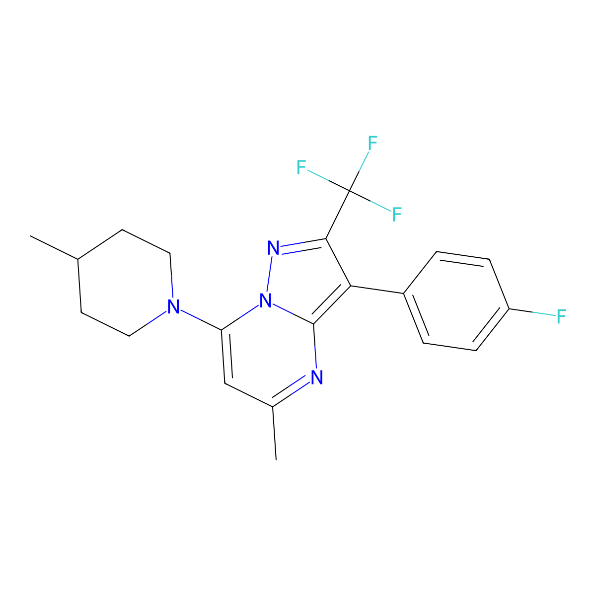 3-(4-Fluorophenyl)-5-methyl-7-(4-methylpiperidin-1-yl)-2-(trifluoromethyl)pyrazolo[1,5-a]pyrimidine molecular structure, CAS 1031627-51-6