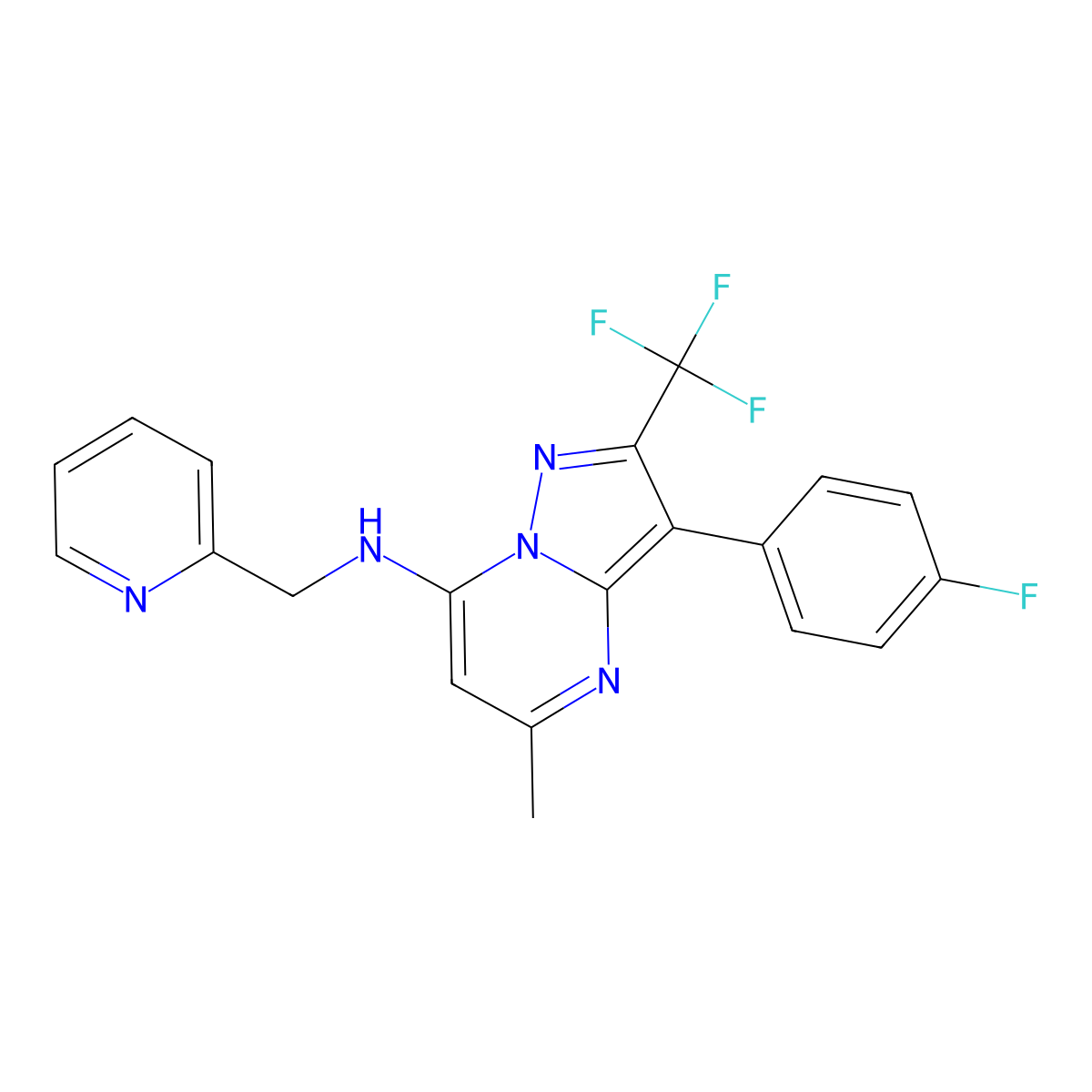 3-(4-fluorophenyl)-5-methyl-N-(pyridin-2-ylmethyl)-2-(trifluoromethyl)pyrazolo[1,5-a]pyrimidin-7-amine molecular structure, CAS 1031627-55-0