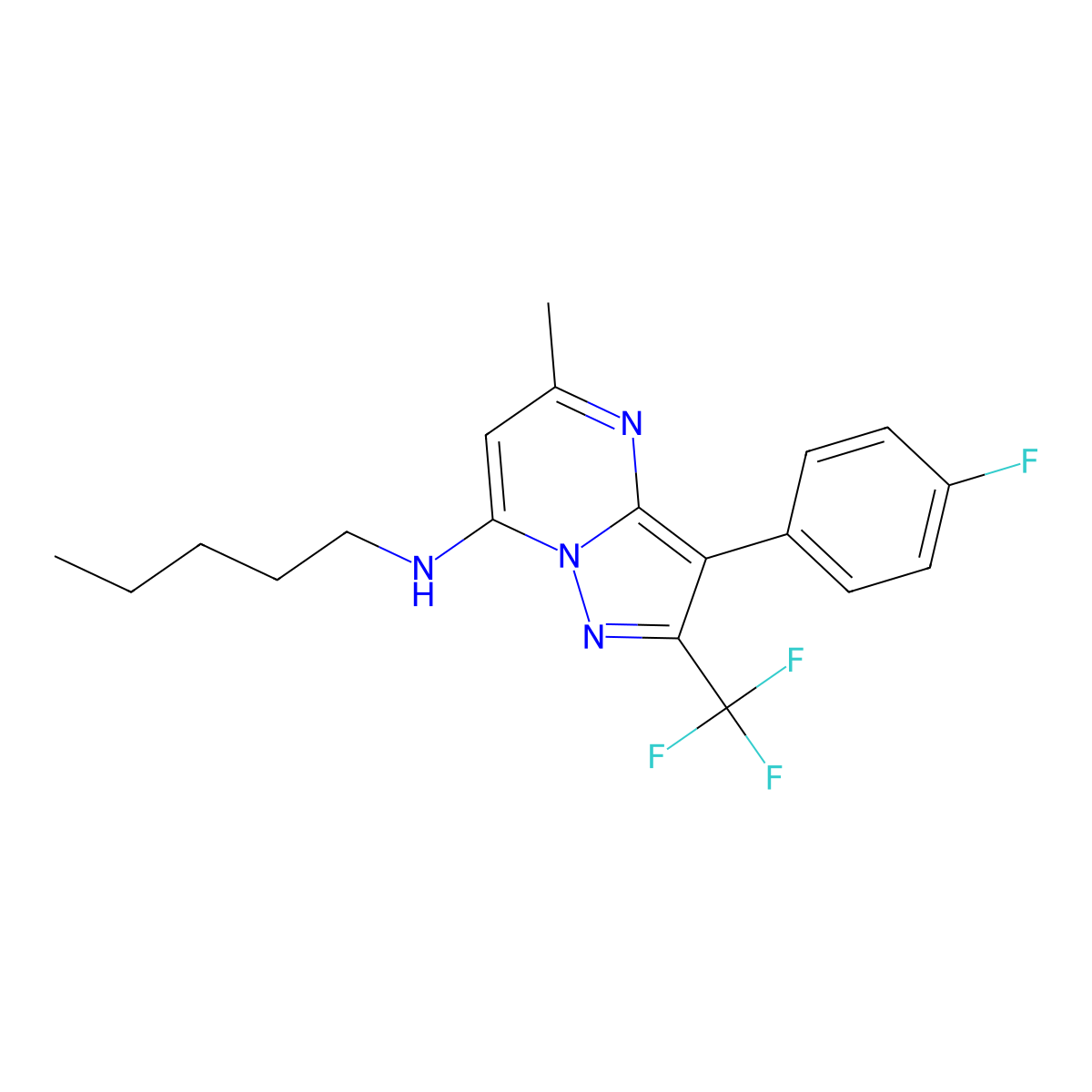 3-(4-fluorophenyl)-5-methyl-N-pentyl-2-(trifluoromethyl)pyrazolo[1,5-a]pyrimidin-7-amine molecular structure, CAS 1031627-63-0