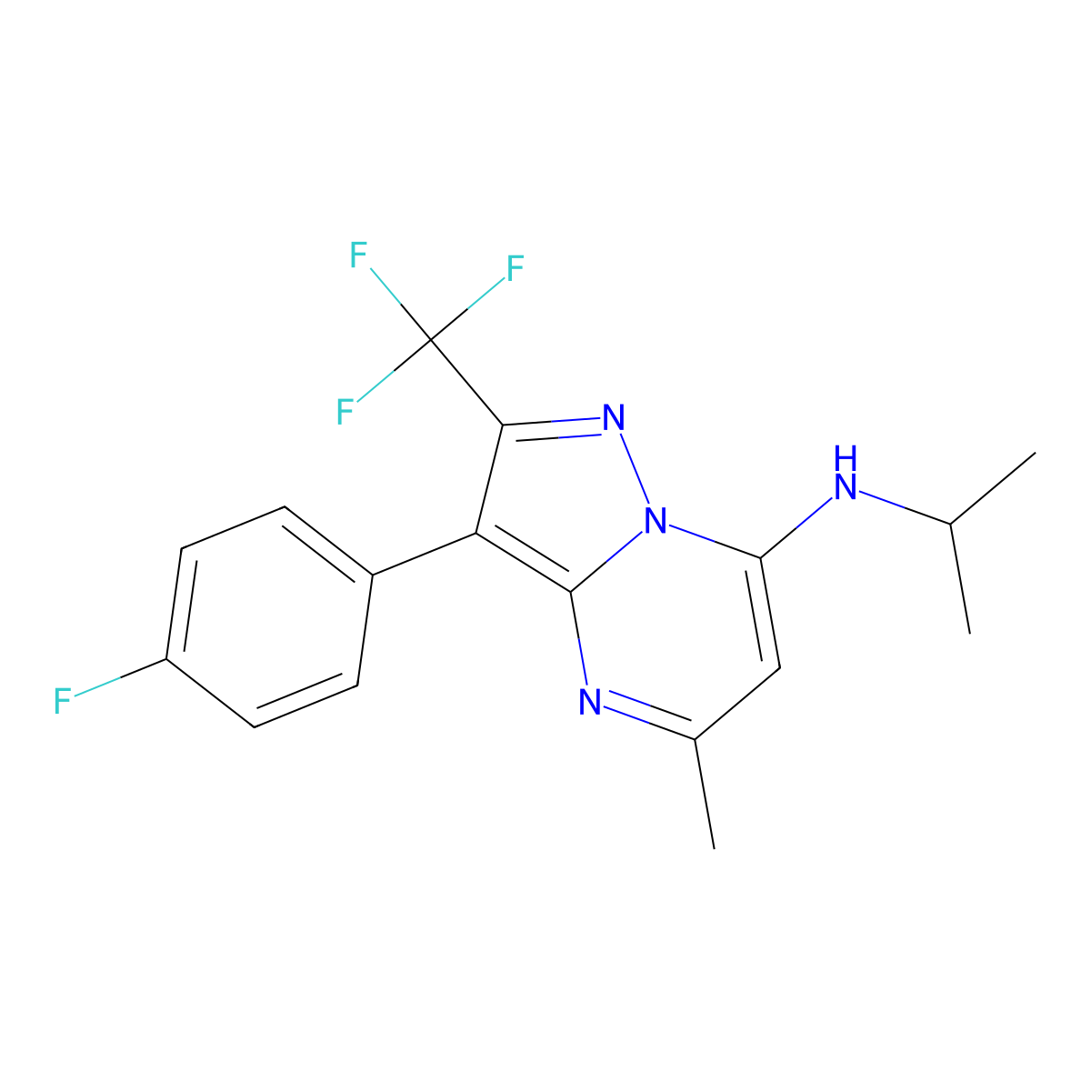 3-(4-fluorophenyl)-5-methyl-N-(propan-2-yl)-2-(trifluoromethyl)pyrazolo[1,5-a]pyrimidin-7-amine molecular structure, CAS 1031627-67-4