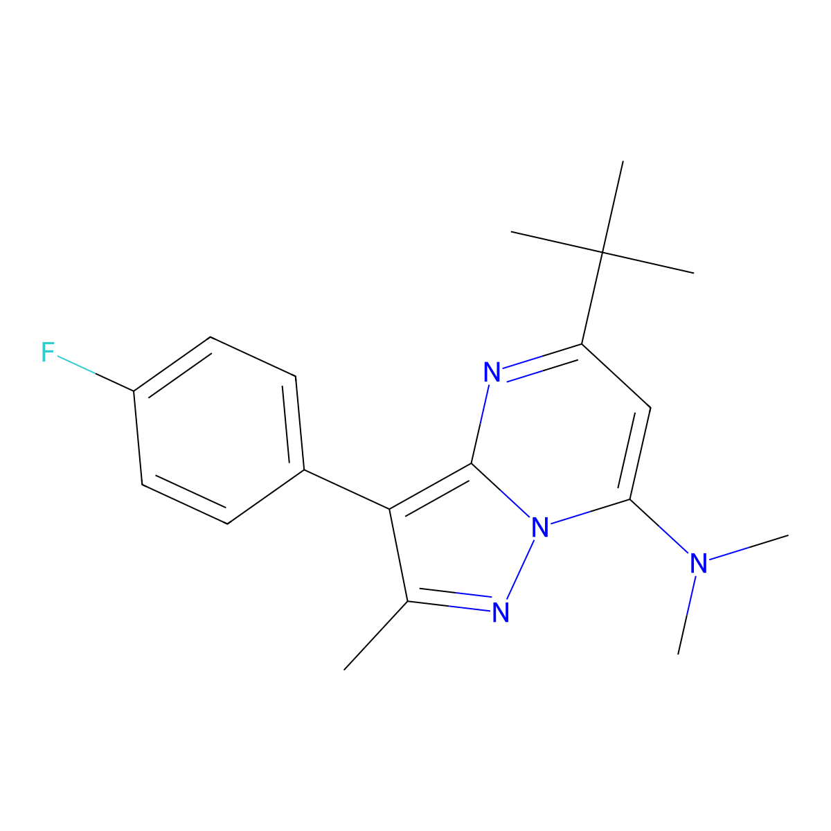 5-tert-butyl-3-(4-fluorophenyl)-N,N,2-trimethylpyrazolo[1,5-a]pyrimidin-7-amine molecular structure, CAS 1031627-75-4