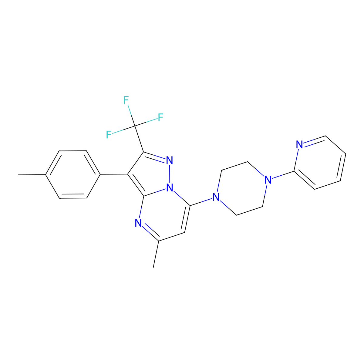 5-Methyl-3-(4-methylphenyl)-7-(4-pyridin-2-ylpiperazin-1-yl)-2-(trifluoromethyl)pyrazolo[1,5-a]pyrimidine molecular structure, CAS 1031627-90-3