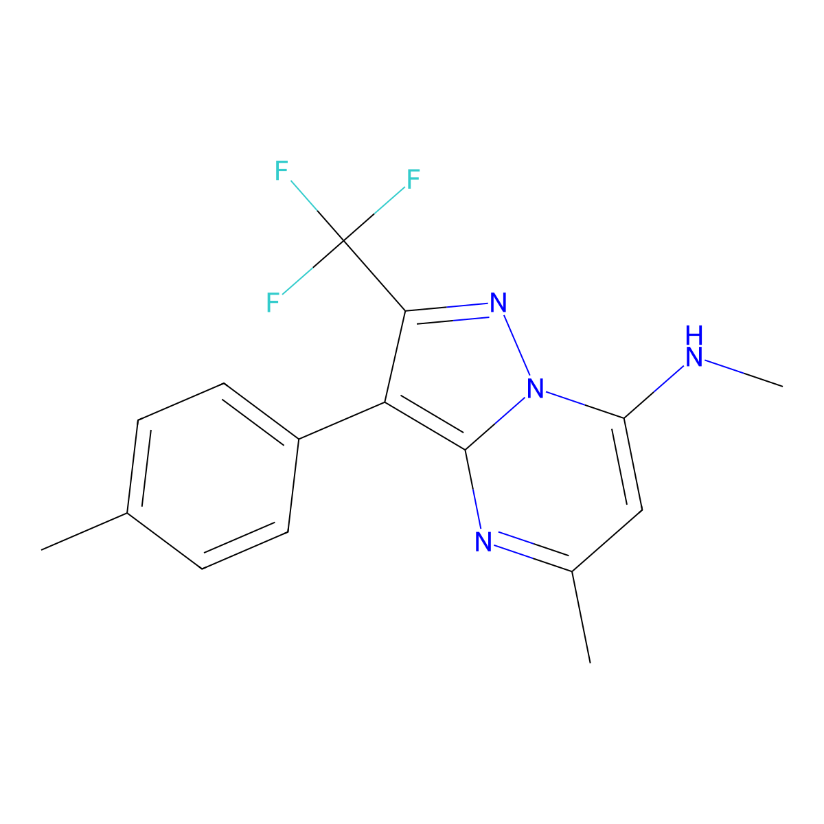N,5-dimethyl-3-(4-methylphenyl)-2-(trifluoromethyl)pyrazolo[1,5-a]pyrimidin-7-amine molecular structure, CAS 1031627-99-2