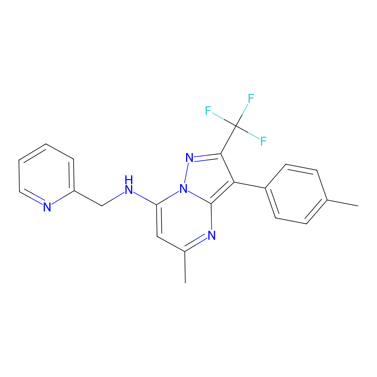 5-methyl-3-(4-methylphenyl)-N-(pyridin-2-ylmethyl)-2-(trifluoromethyl)pyrazolo[1,5-a]pyrimidin-7-amine molecular structure, CAS 1031628-02-0