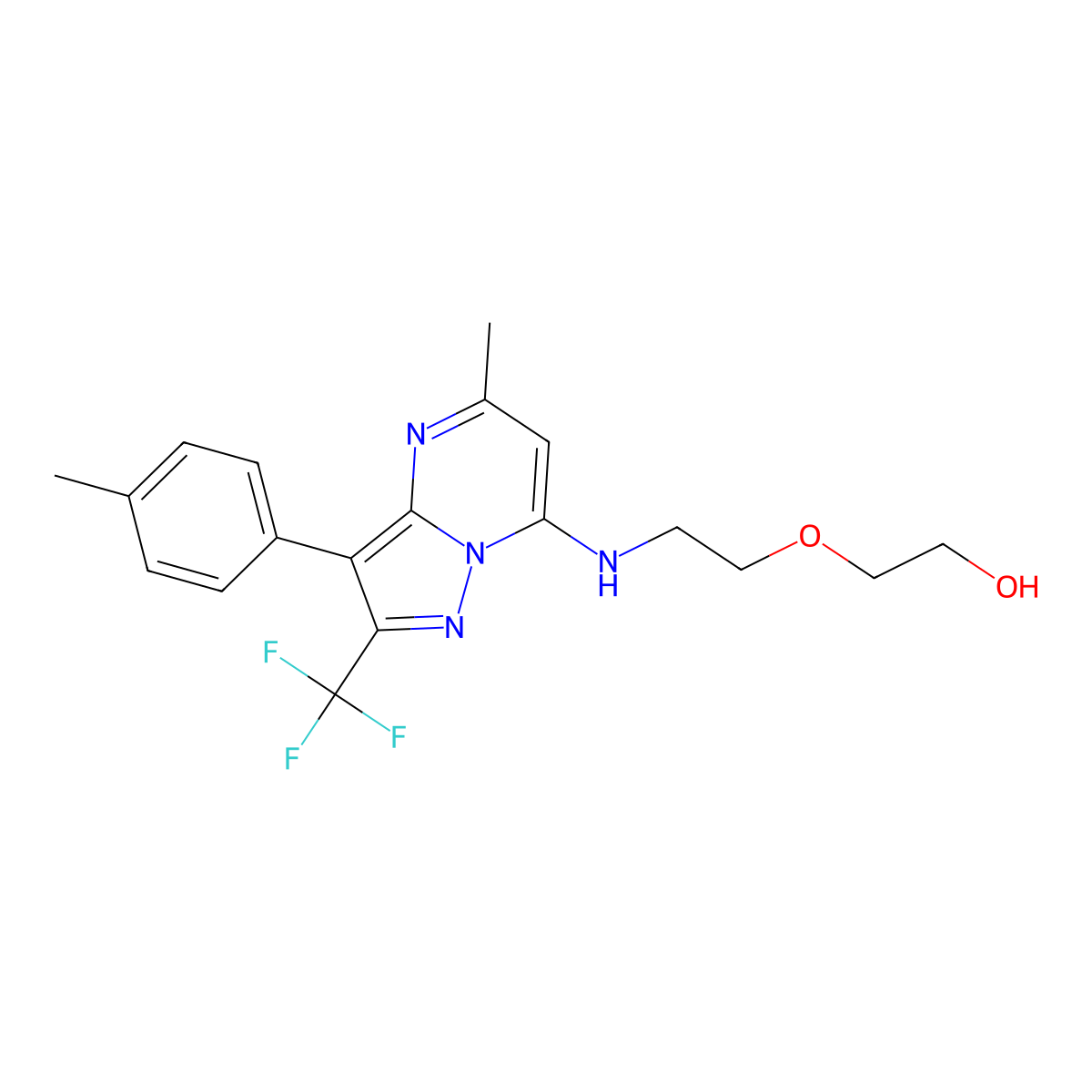 2-(2-{[5-Methyl-3-(4-methylphenyl)-2-(trifluoromethyl)pyrazolo[1,5-a]pyrimidin-7-yl]amino}ethoxy)ethanol molecular structure, CAS 1031628-08-6