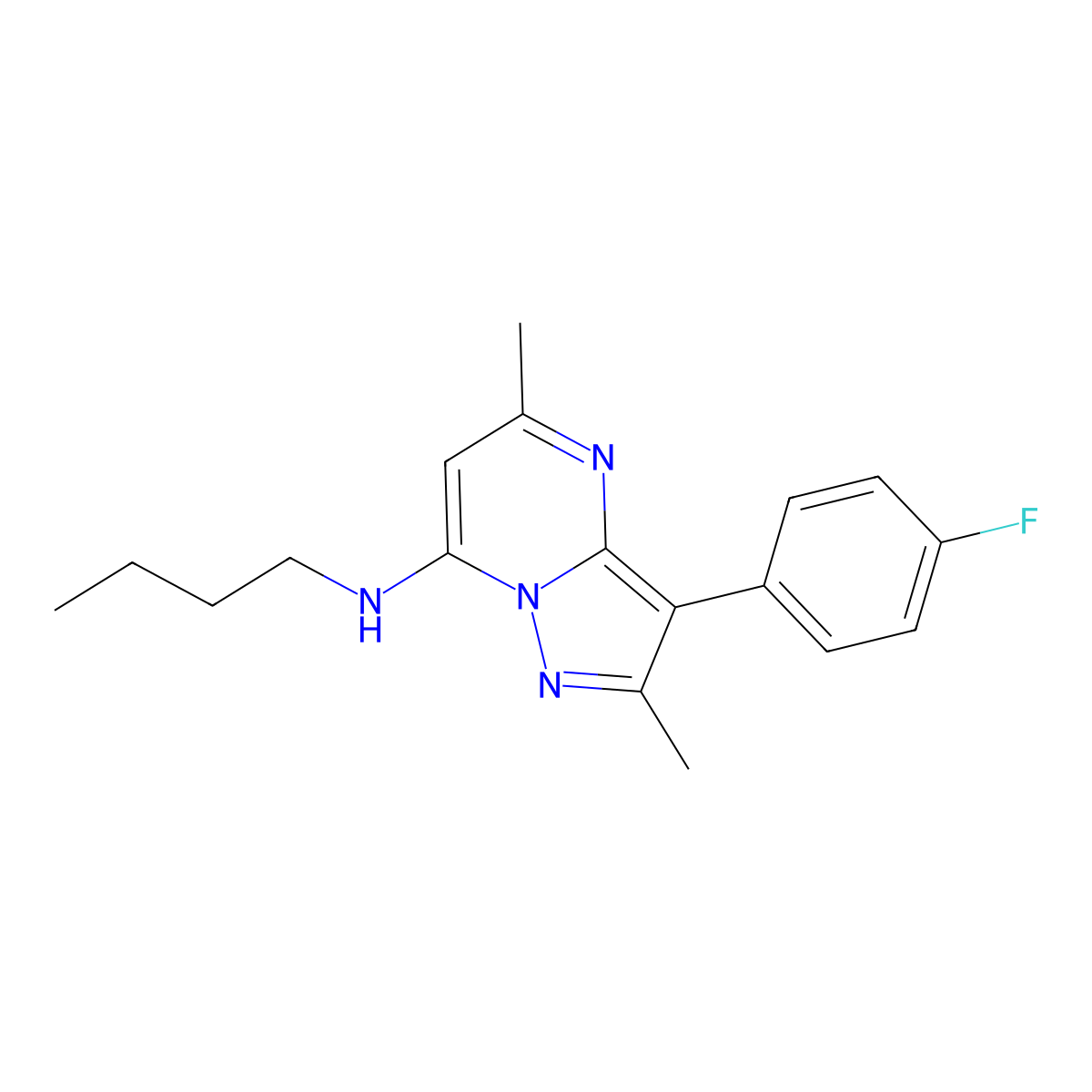 N-butyl-3-(4-fluorophenyl)-2,5-dimethylpyrazolo[1,5-a]pyrimidin-7-amine molecular structure, CAS 1031653-93-6