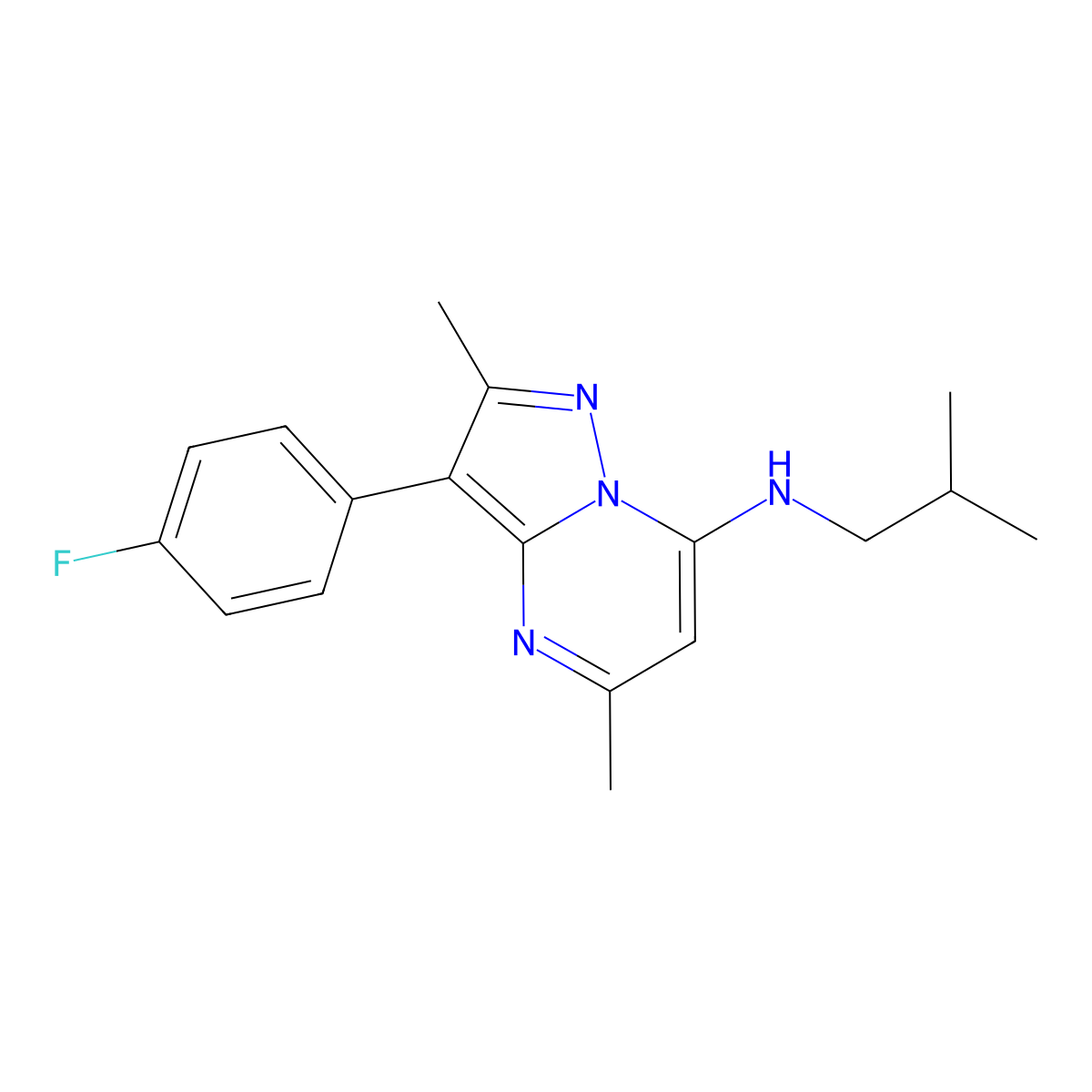 3-(4-fluorophenyl)-2,5-dimethyl-N-(2-methylpropyl)pyrazolo[1,5-a]pyrimidin-7-amine molecular structure, CAS 1031654-08-6