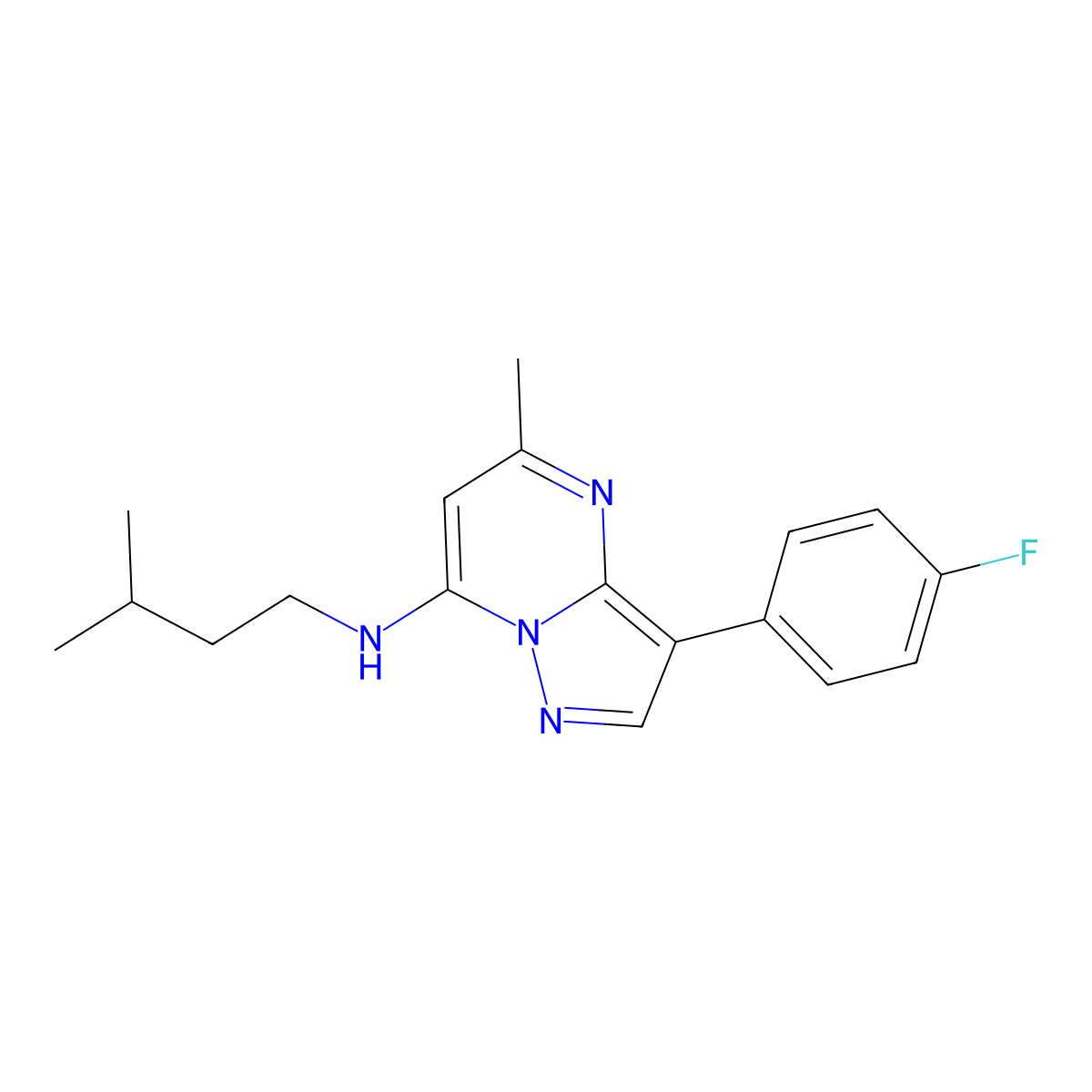 3-(4-fluorophenyl)-5-methyl-N-(3-methylbutyl)pyrazolo[1,5-a]pyrimidin-7-amine molecular structure, CAS 1031654-32-6