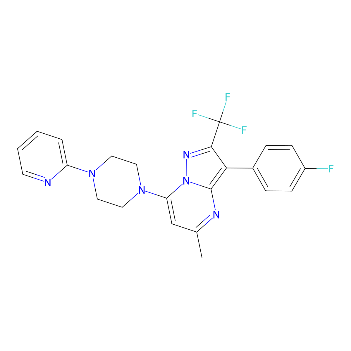 3-(4-Fluorophenyl)-5-methyl-7-(4-pyridin-2-ylpiperazin-1-yl)-2-(trifluoromethyl)pyrazolo[1,5-a]pyrimidine molecular structure, CAS 1031654-40-6