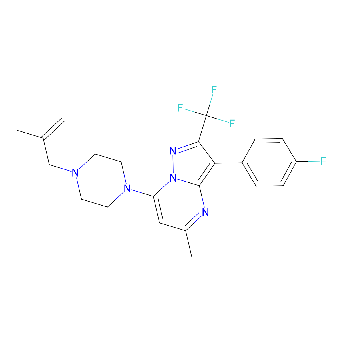 3-(4-Fluorophenyl)-5-methyl-7-[4-(2-methylprop-2-en-1-yl)piperazin-1-yl]-2-(trifluoromethyl)pyrazolo[1,5-a]pyrimidine molecular structure, CAS 1031654-48-4