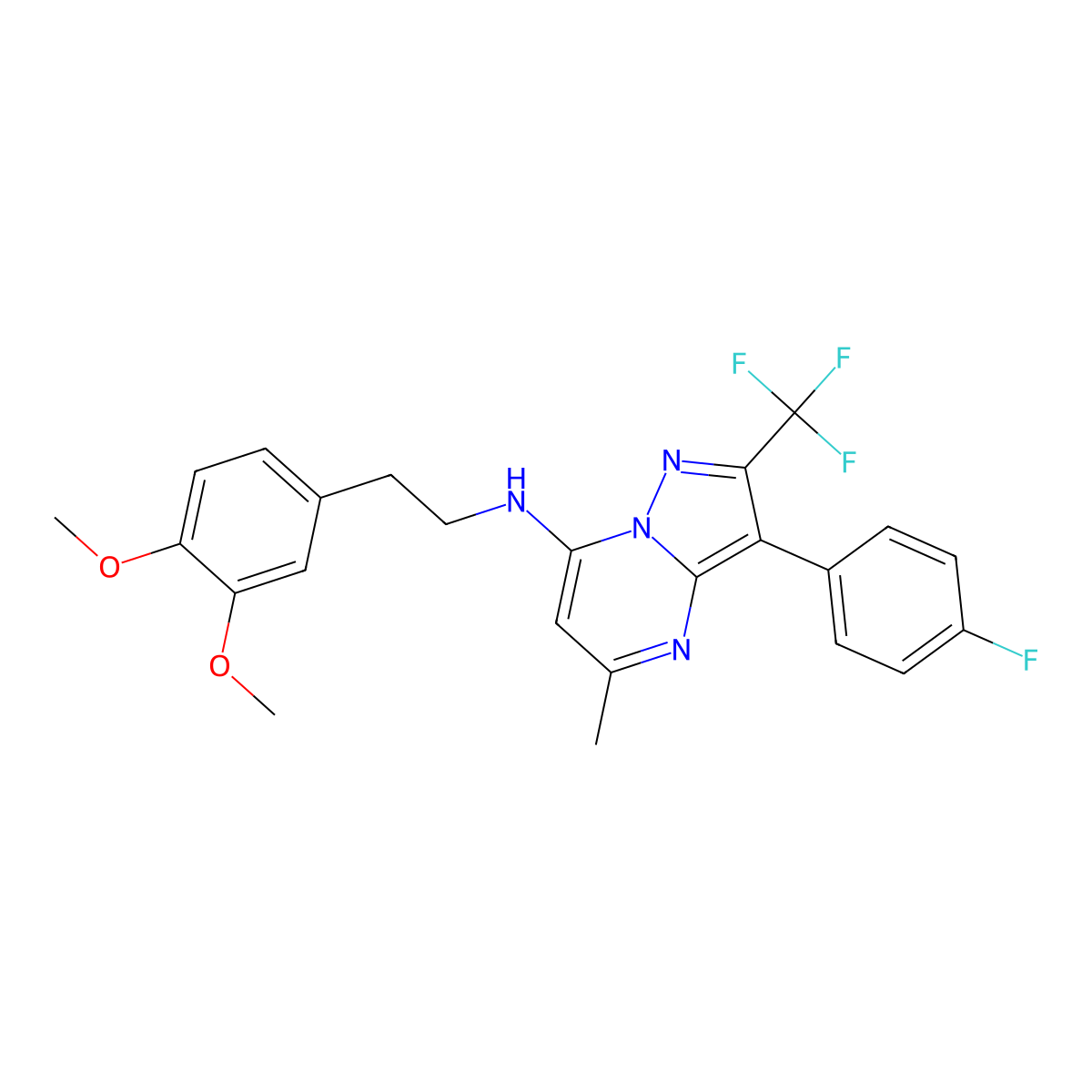N-[2-(3,4-dimethoxyphenyl)ethyl]-3-(4-fluorophenyl)-5-methyl-2-(trifluoromethyl)pyrazolo[1,5-a]pyrimidin-7-amine molecular structure, CAS 1031654-52-0