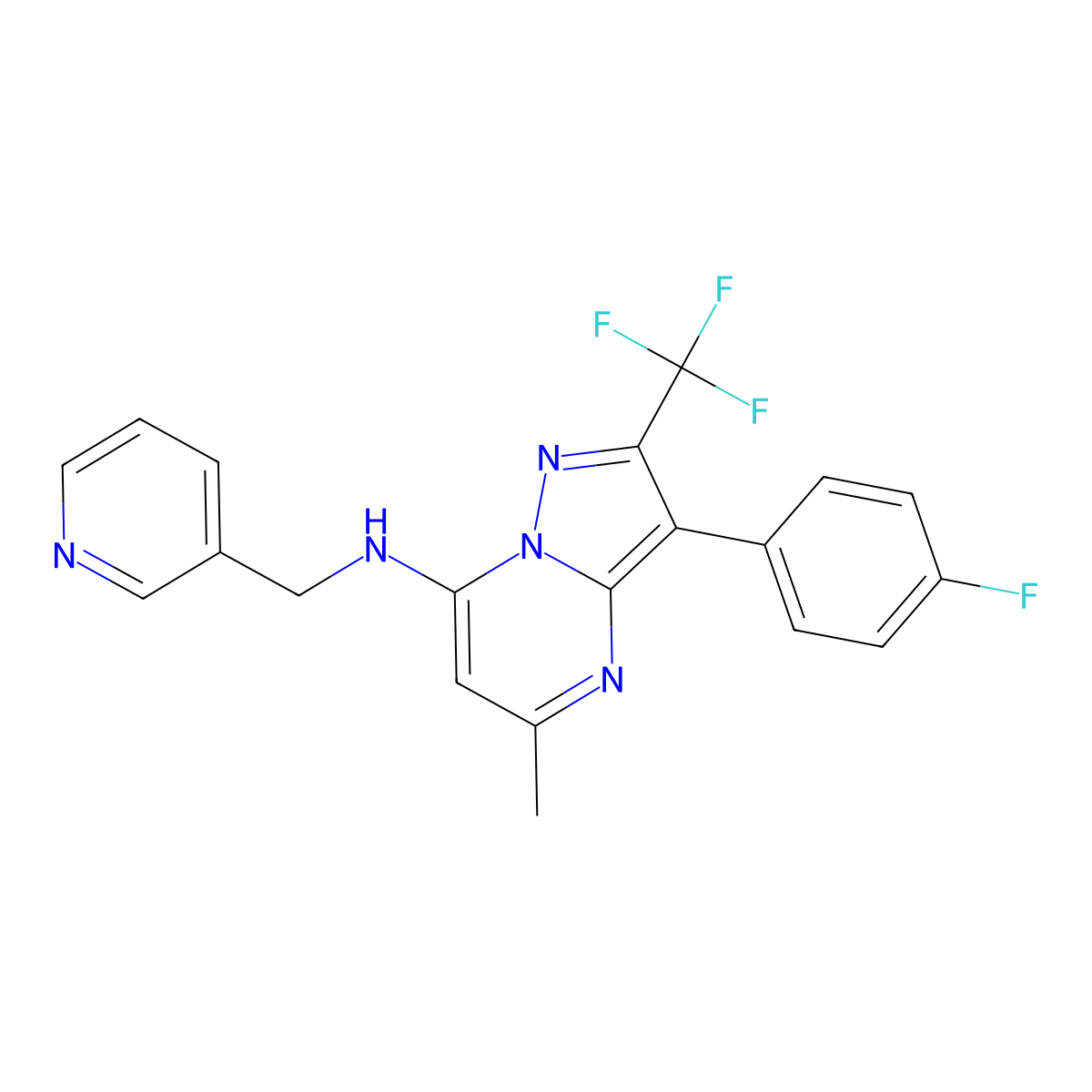 3-(4-fluorophenyl)-5-methyl-N-(pyridin-3-ylmethyl)-2-(trifluoromethyl)pyrazolo[1,5-a]pyrimidin-7-amine molecular structure, CAS 1031654-56-4