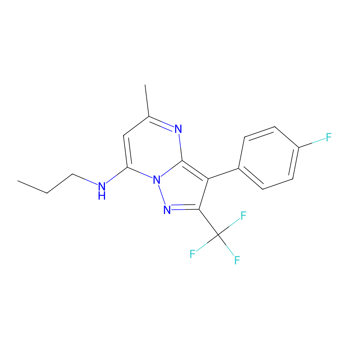 3-(4-fluorophenyl)-5-methyl-N-propyl-2-(trifluoromethyl)pyrazolo[1,5-a]pyrimidin-7-amine molecular structure, CAS 1031654-68-8