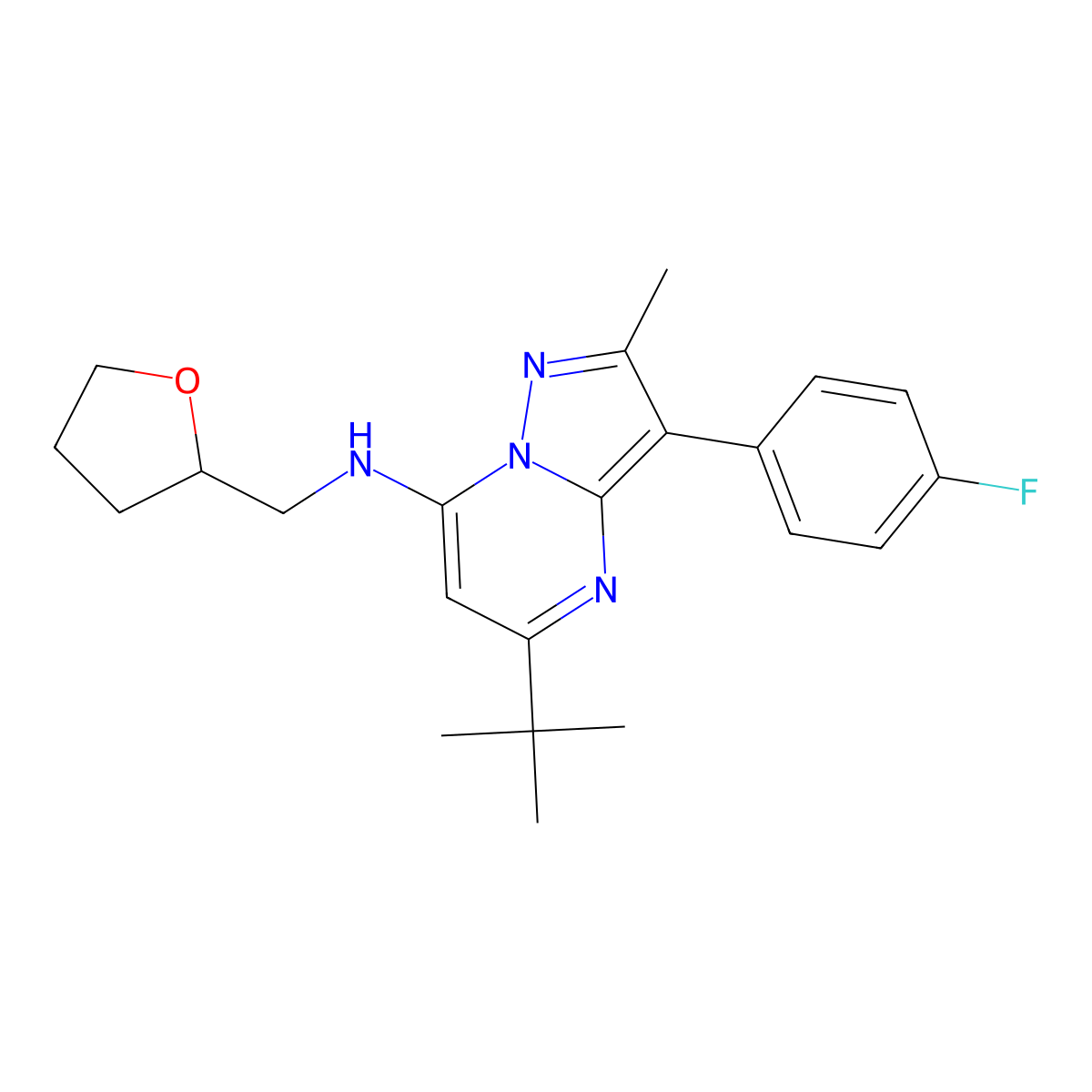5-tert-butyl-3-(4-fluorophenyl)-2-methyl-N-(tetrahydrofuran-2-ylmethyl)pyrazolo[1,5-a]pyrimidin-7-amine molecular structure, CAS 1031654-85-9