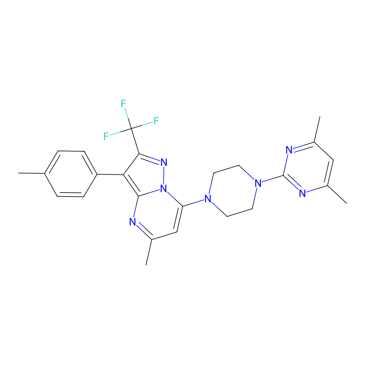 7-[4-(4,6-Dimethylpyrimidin-2-yl)piperazin-1-yl]-5-methyl-3-(4-methylphenyl)-2-(trifluoromethyl)pyrazolo[1,5-a]pyrimidine molecular structure, CAS 1031654-94-0
