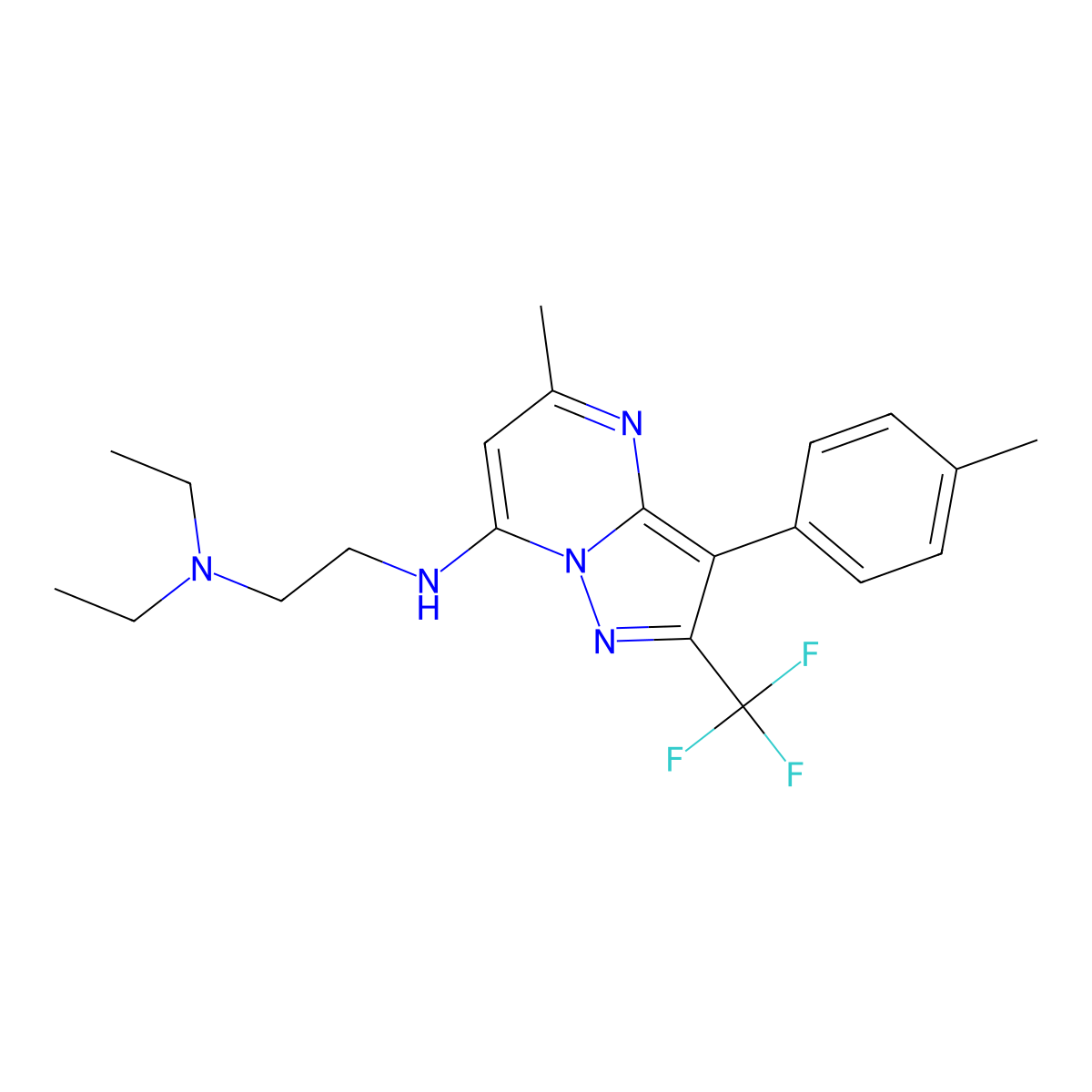 N,N-diethyl-N'-[5-methyl-3-(4-methylphenyl)-2-(trifluoromethyl)pyrazolo[1,5-a]pyrimidin-7-yl]ethane-1,2-diamine molecular structure, CAS 1031654-97-3