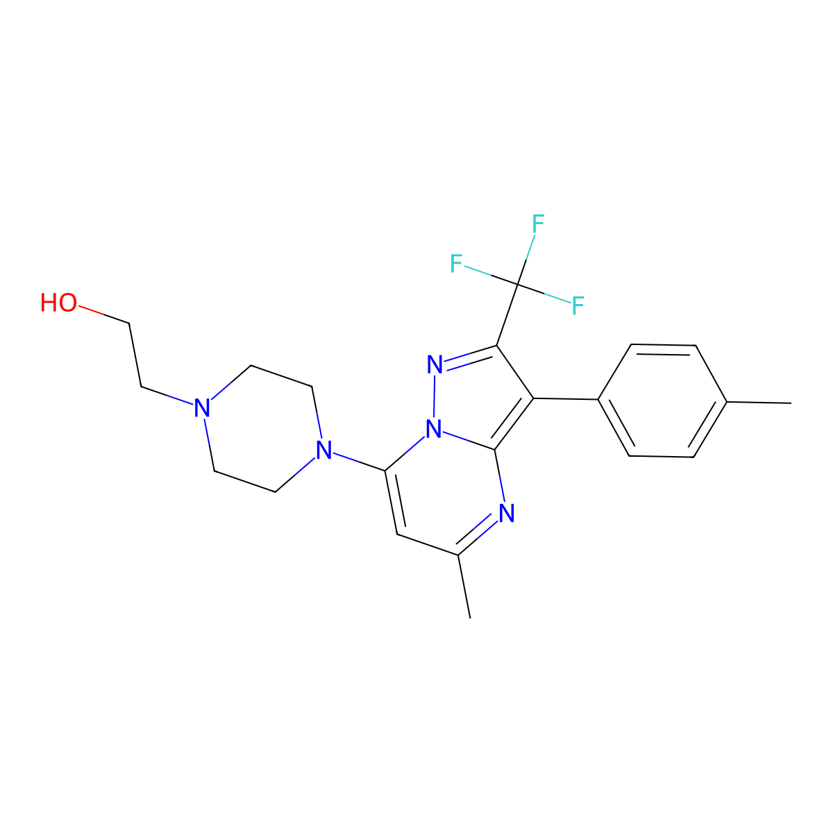 2-{4-[5-Methyl-3-(4-methylphenyl)-2-(trifluoromethyl)pyrazolo[1,5-a]pyrimidin-7-yl]piperazin-1-yl}ethanol molecular structure, CAS 1031655-06-7