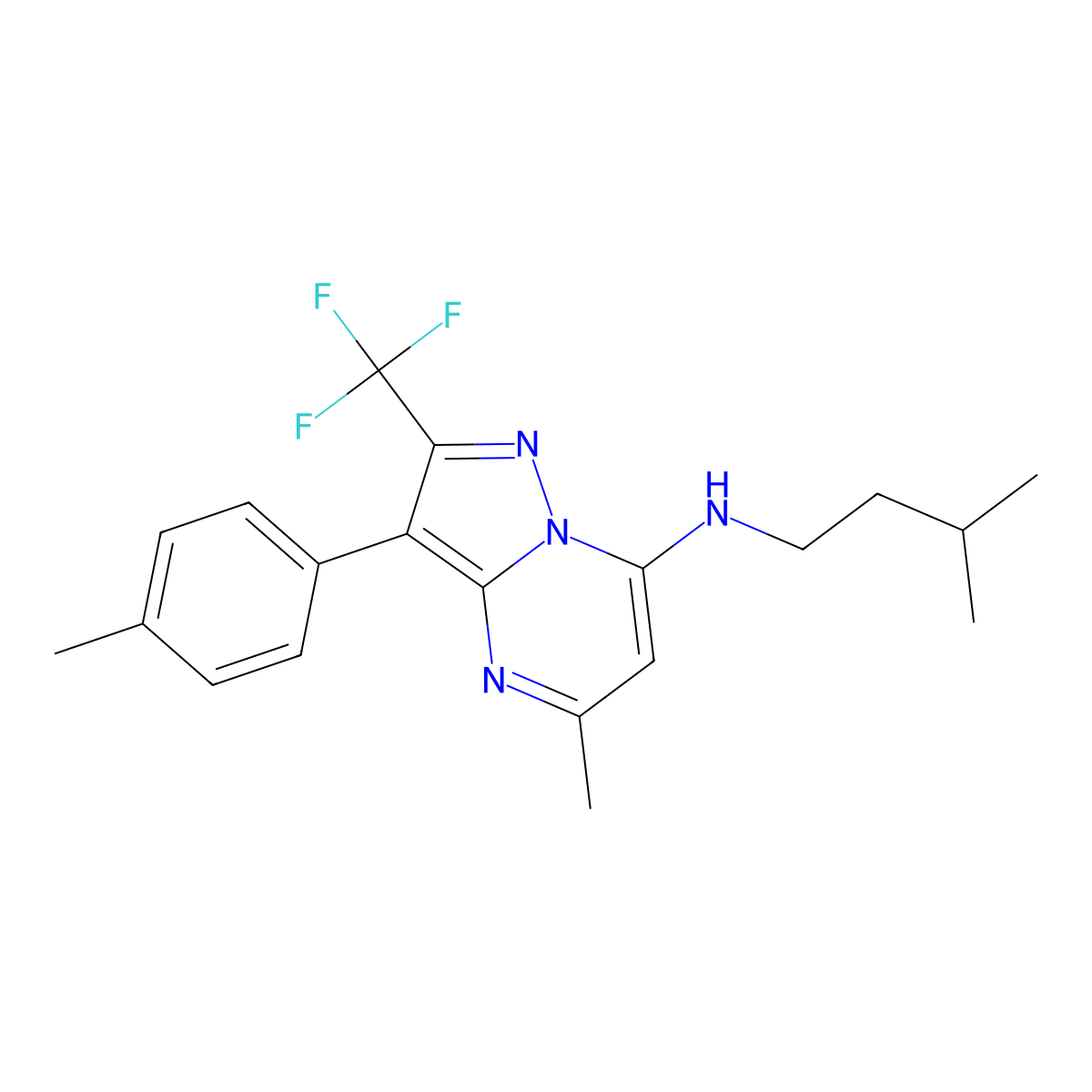 5-methyl-N-(3-methylbutyl)-3-(4-methylphenyl)-2-(trifluoromethyl)pyrazolo[1,5-a]pyrimidin-7-amine molecular structure, CAS 1031655-09-0