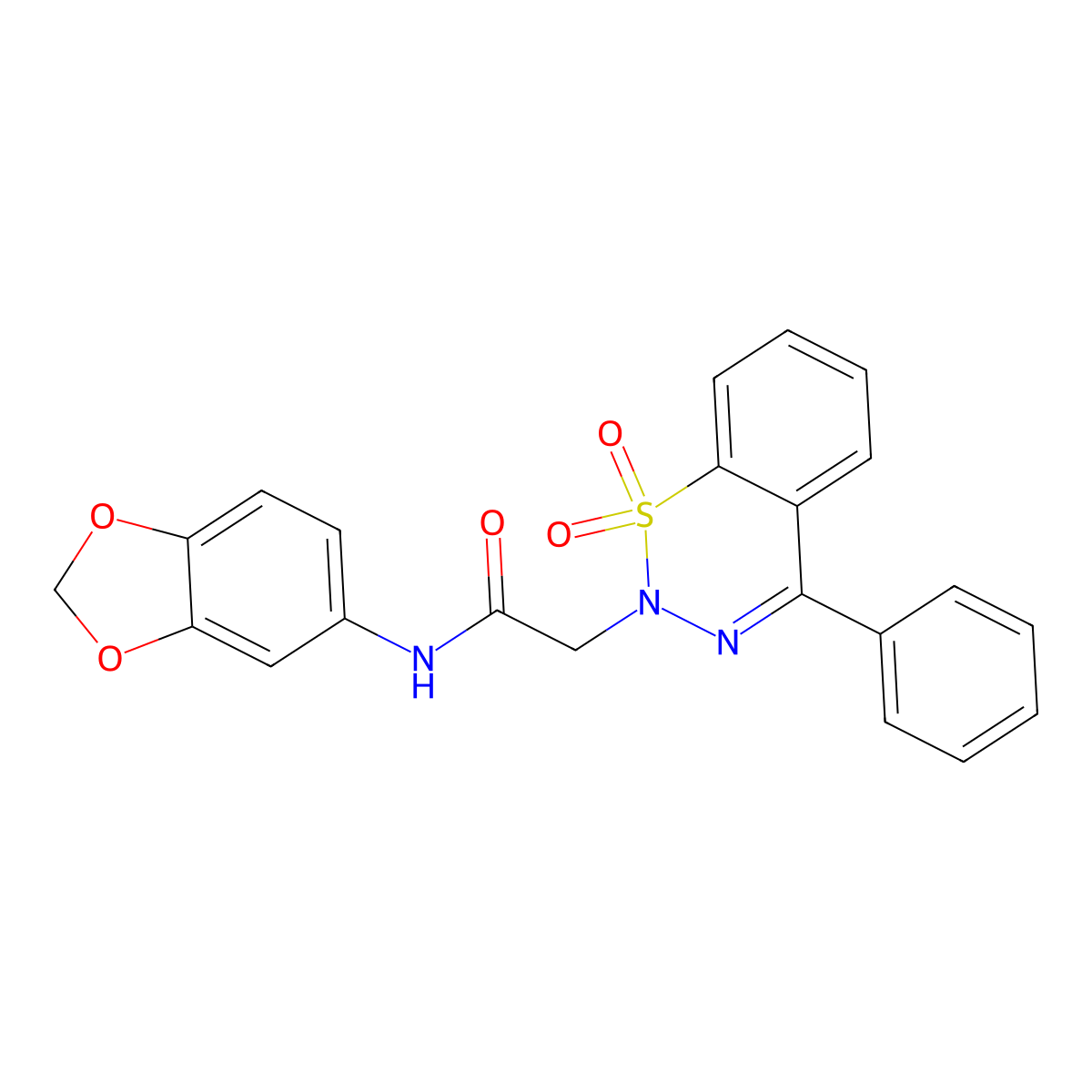 N-(benzo[d][1,3]dioxol-5-yl)-2-(1,1-dioxido-4-phenyl-2H-benzo[e][1,2,3]thiadiazin-2-yl)acetamide molecular structure, CAS 1031669-49-4