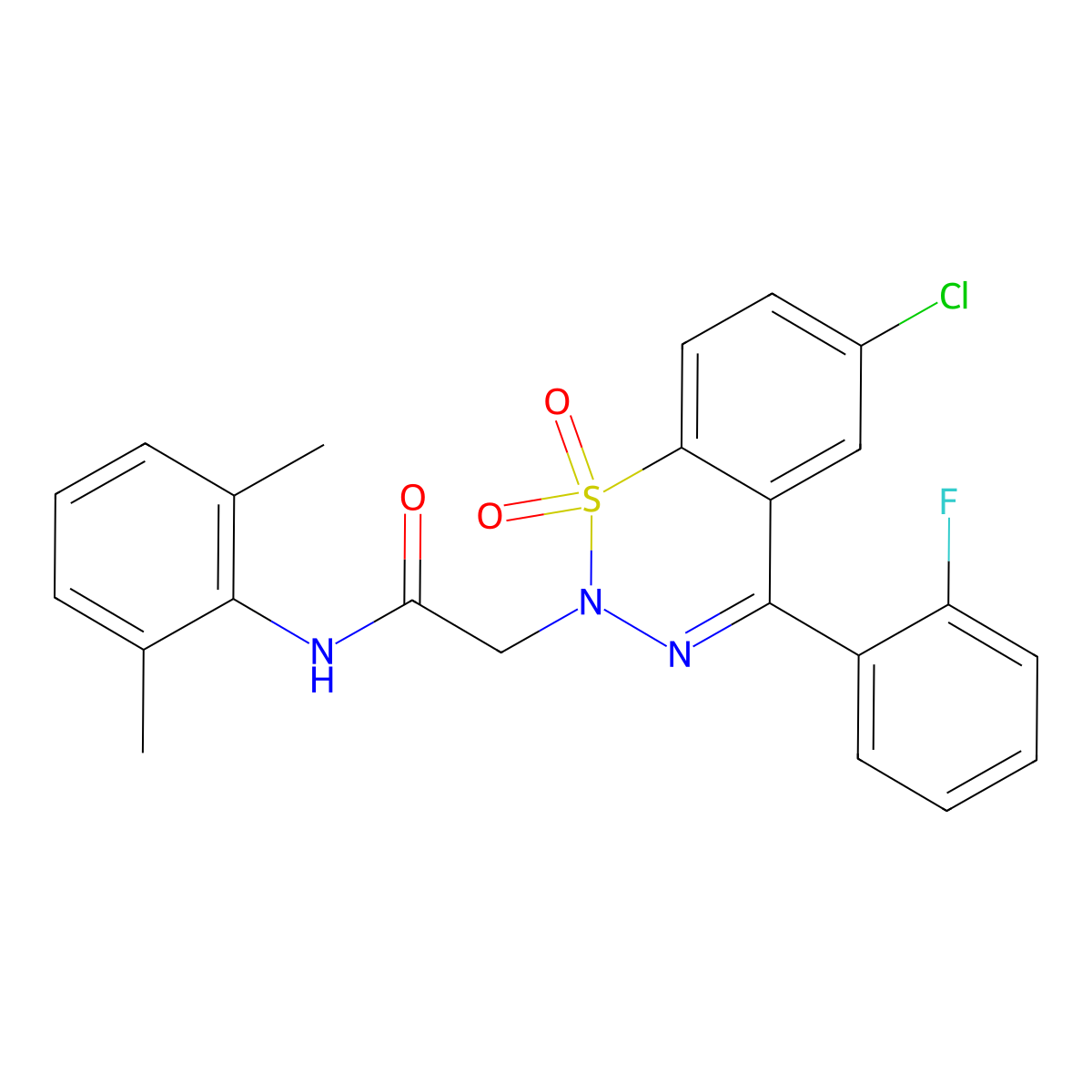 2-(6-chloro-4-(2-fluorophenyl)-1,1-dioxido-2H-benzo[e][1,2,3]thiadiazin-2-yl)-N-(2,6-dimethylphenyl)acetamide molecular structure, CAS 1031670-11-7