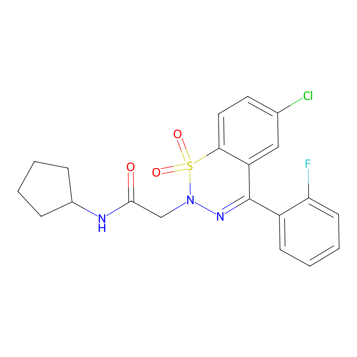 2-[6-chloro-4-(2-fluorophenyl)-1,1-dioxido-2H-1,2,3-benzothiadiazin-2-yl]-N-cyclopentylacetamide molecular structure, CAS 1031670-30-0