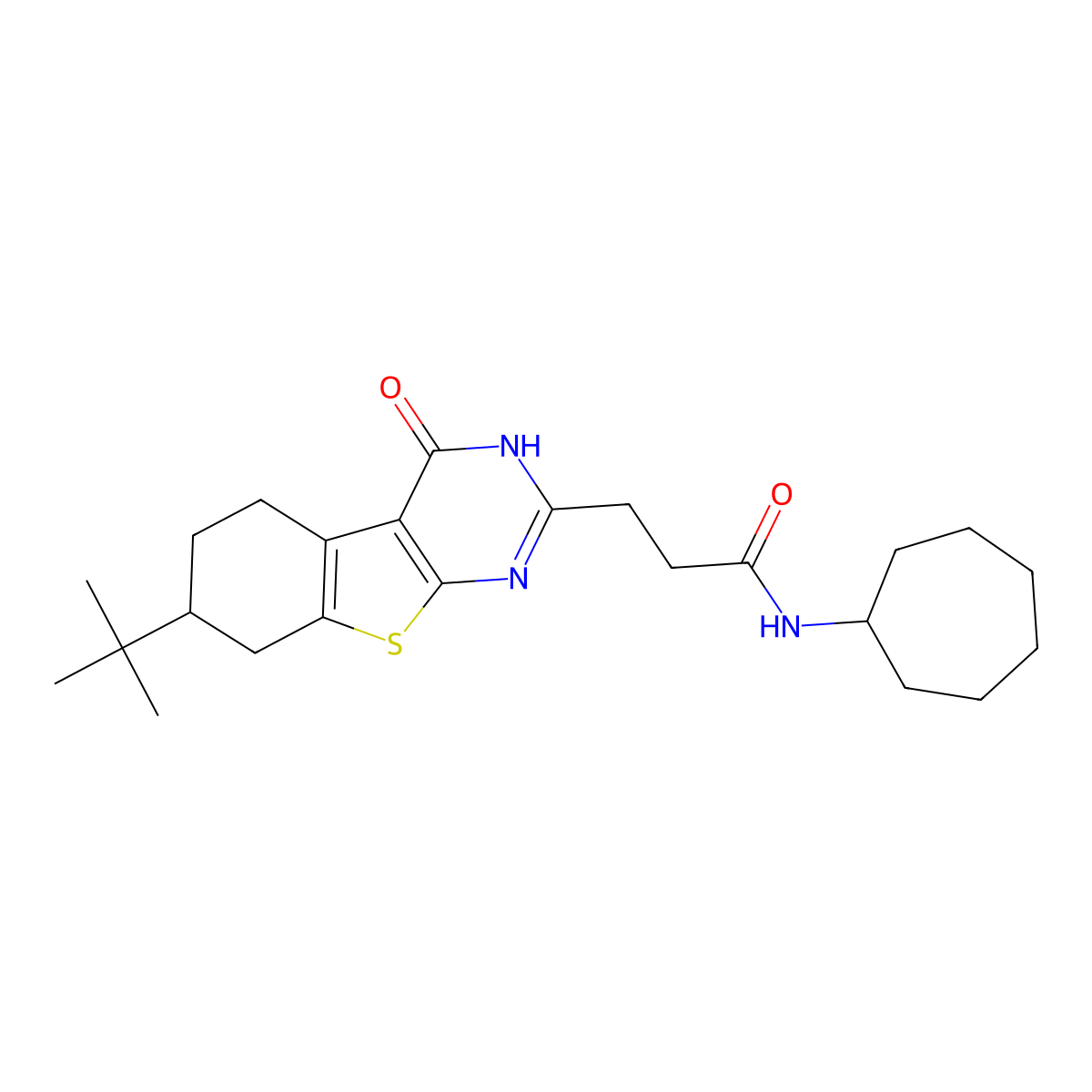 3-(7-tert-butyl-4-oxo-3,4,5,6,7,8-hexahydro[1]benzothieno[2,3-d]pyrimidin-2-yl)-N-cycloheptylpropanamide molecular structure, CAS 1031679-79-4
