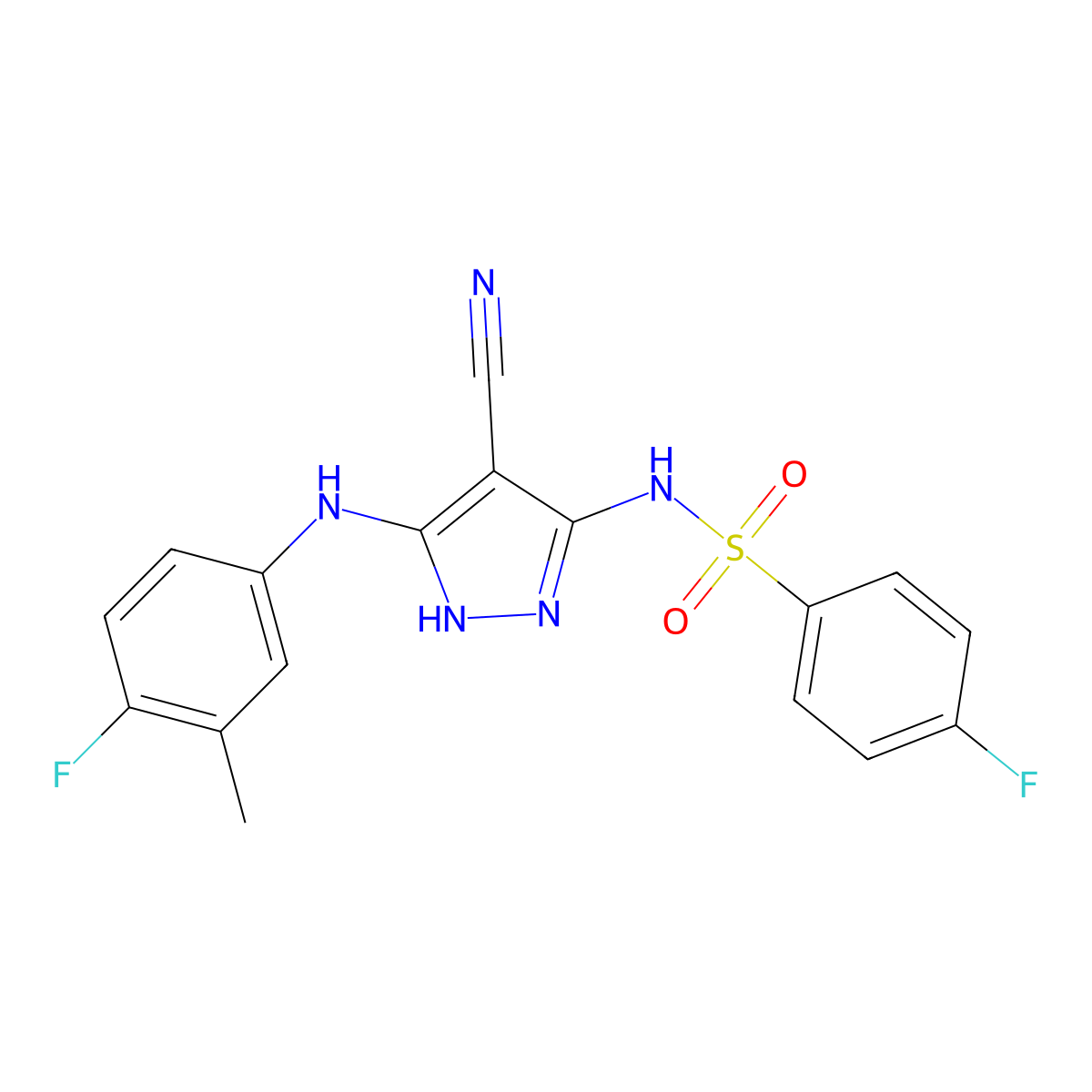 N-[4-cyano-3-(4-fluoro-3-methylanilino)-1H-pyrazol-5-yl]-4-fluorobenzenesulfonamide molecular structure, CAS 1031703-86-2