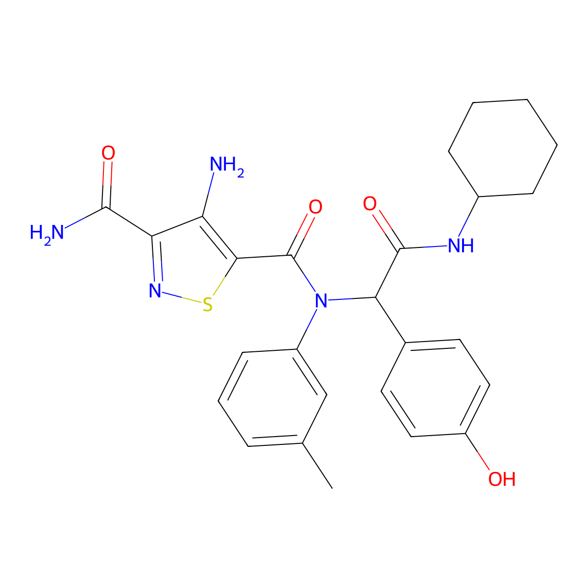 4-Amino-N5-[2-(cyclohexylamino)-1-(4-hydroxyphenyl)-2-oxoethyl]-N5-(3-methylphenyl)-3,5-isothiazoledicarboxamide molecular structure, CAS 1031794-79-2