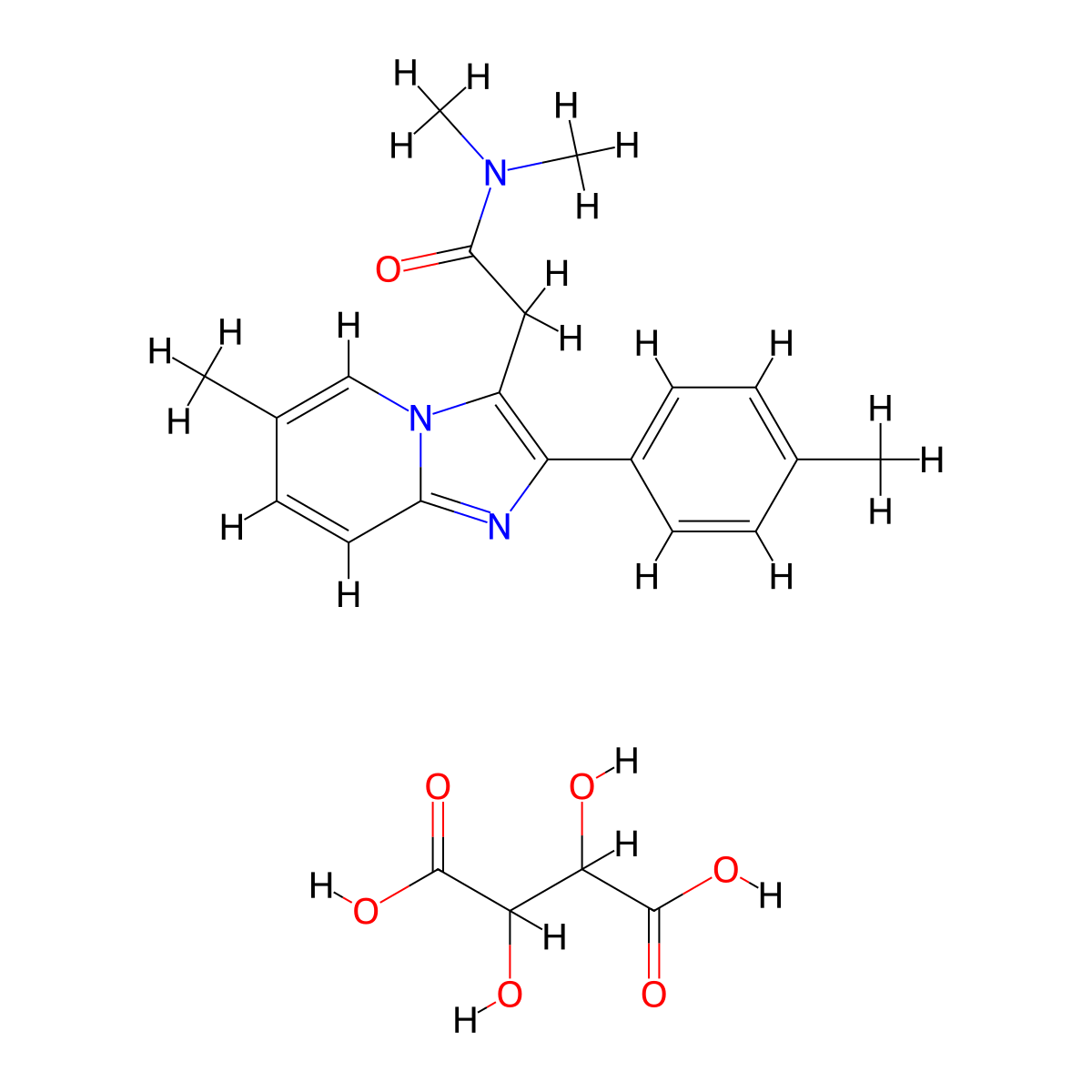 N,N-Dimethyl-2-(6-methyl-2-(p-tolyl)imidazo[1,2-a]pyridin-3-yl)acetamide 2,3-dihydroxysuccinate molecular structure, CAS 103188-50-7
