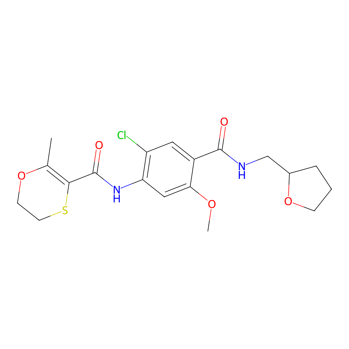 N-(2-chloro-5-methoxy-4-{[(tetrahydrofuran-2-ylmethyl)amino]carbonyl}phenyl)-2-methyl-5,6-dihydro-1,4-oxathiine-3-carboxamide molecular structure, CAS 1031929-48-2