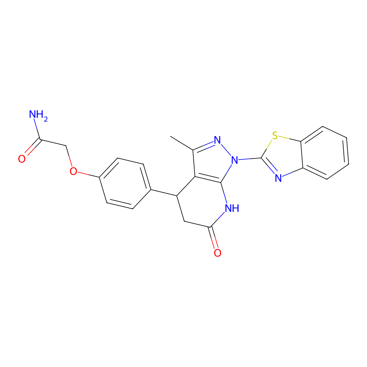 2-(4-(1-(Benzo[d]thiazol-2-yl)-3-methyl-6-oxo-4,5,6,7-tetrahydro-1H-pyrazolo[3,4-b]pyridin-4-yl)phenoxy)acetamide molecular structure, CAS 1031932-10-1