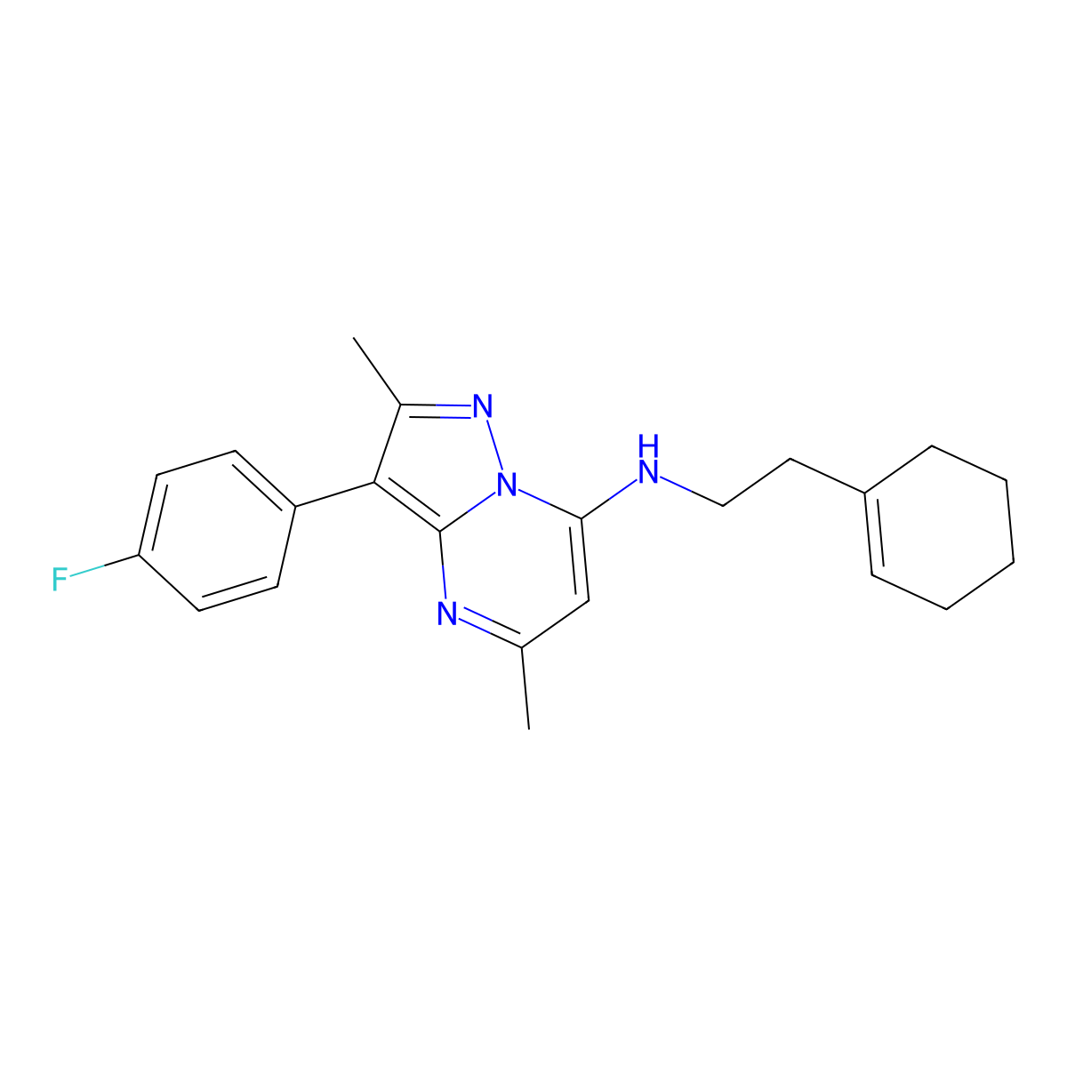 N-[2-(cyclohex-1-en-1-yl)ethyl]-3-(4-fluorophenyl)-2,5-dimethylpyrazolo[1,5-a]pyrimidin-7-amine molecular structure, CAS 1031937-10-6