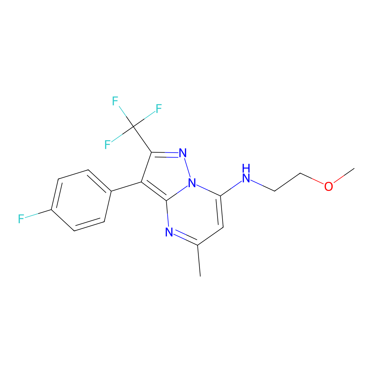 3-(4-fluorophenyl)-N-(2-methoxyethyl)-5-methyl-2-(trifluoromethyl)pyrazolo[1,5-a]pyrimidin-7-amine molecular structure, CAS 1031937-49-1