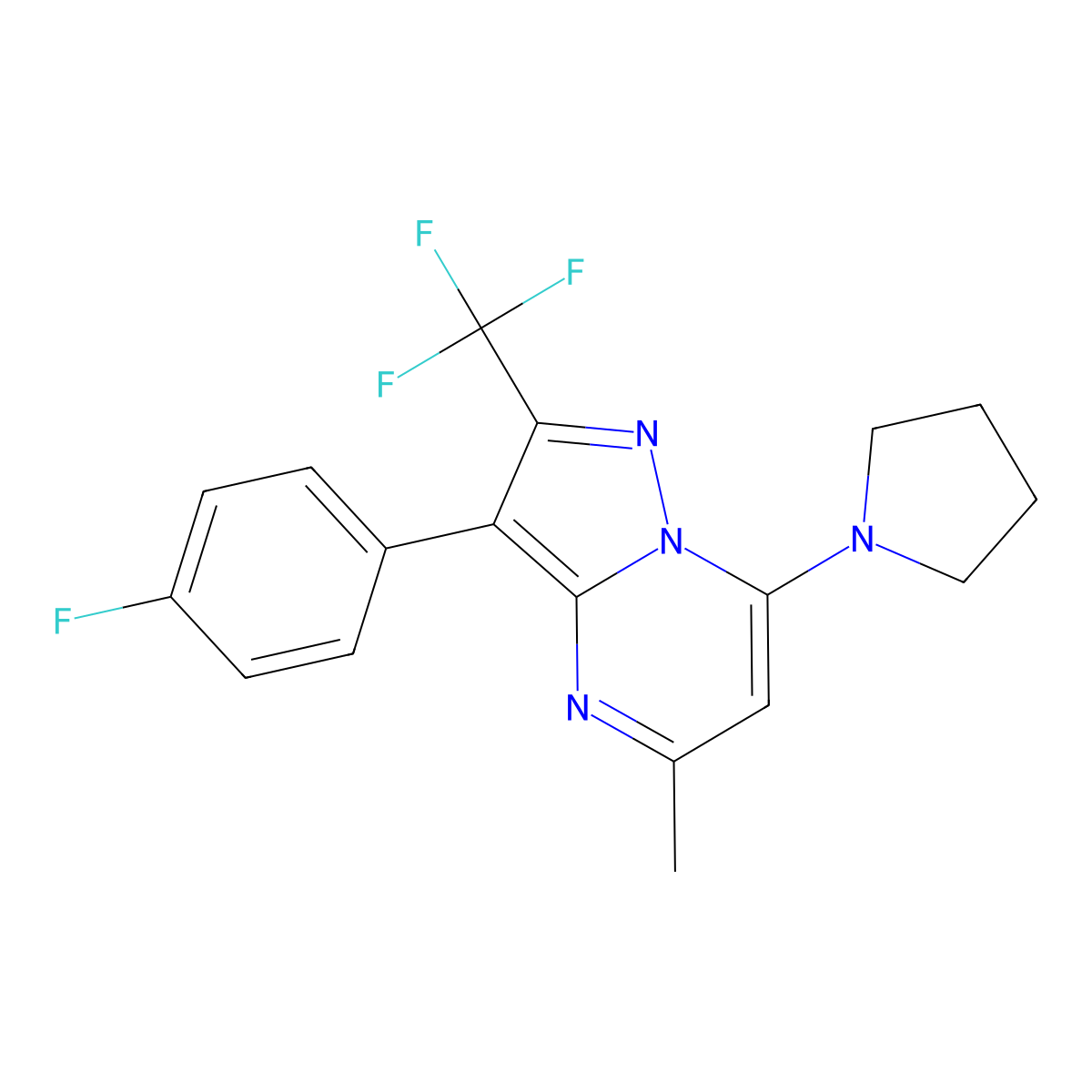 1-[3-(4-Fluorophenyl)-5-methyl-2-(trifluoromethyl)pyrazolo[1,5-a]pyrimidin-7-yl]pyrrolidine molecular structure, CAS 1031937-55-9