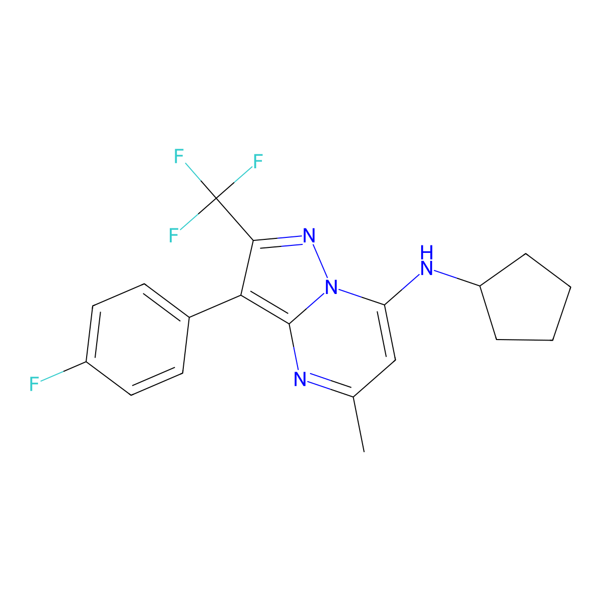 N-cyclopentyl-3-(4-fluorophenyl)-5-methyl-2-(trifluoromethyl)pyrazolo[1,5-a]pyrimidin-7-amine molecular structure, CAS 1031937-58-2