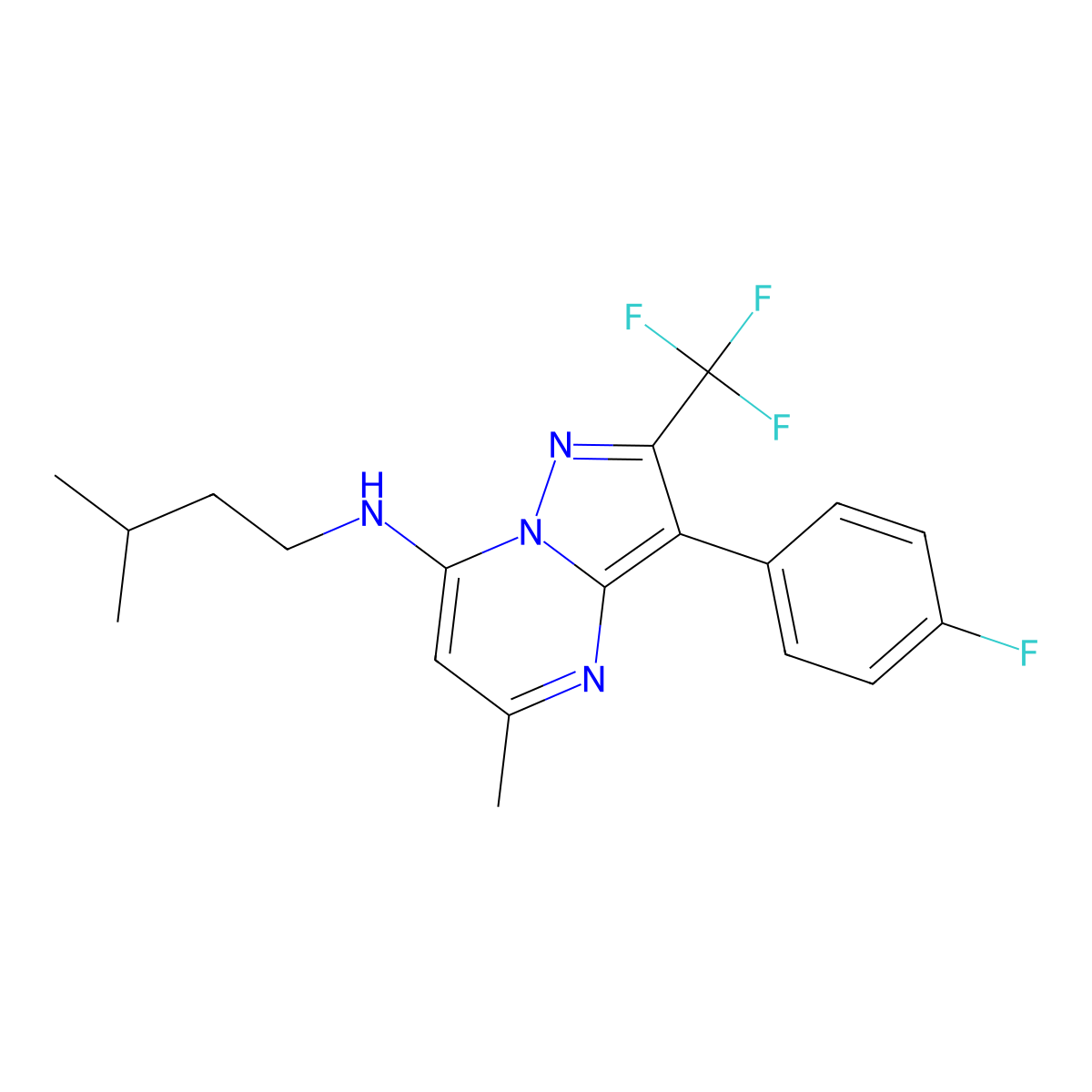 3-(4-fluorophenyl)-5-methyl-N-(3-methylbutyl)-2-(trifluoromethyl)pyrazolo[1,5-a]pyrimidin-7-amine molecular structure, CAS 1031937-61-7