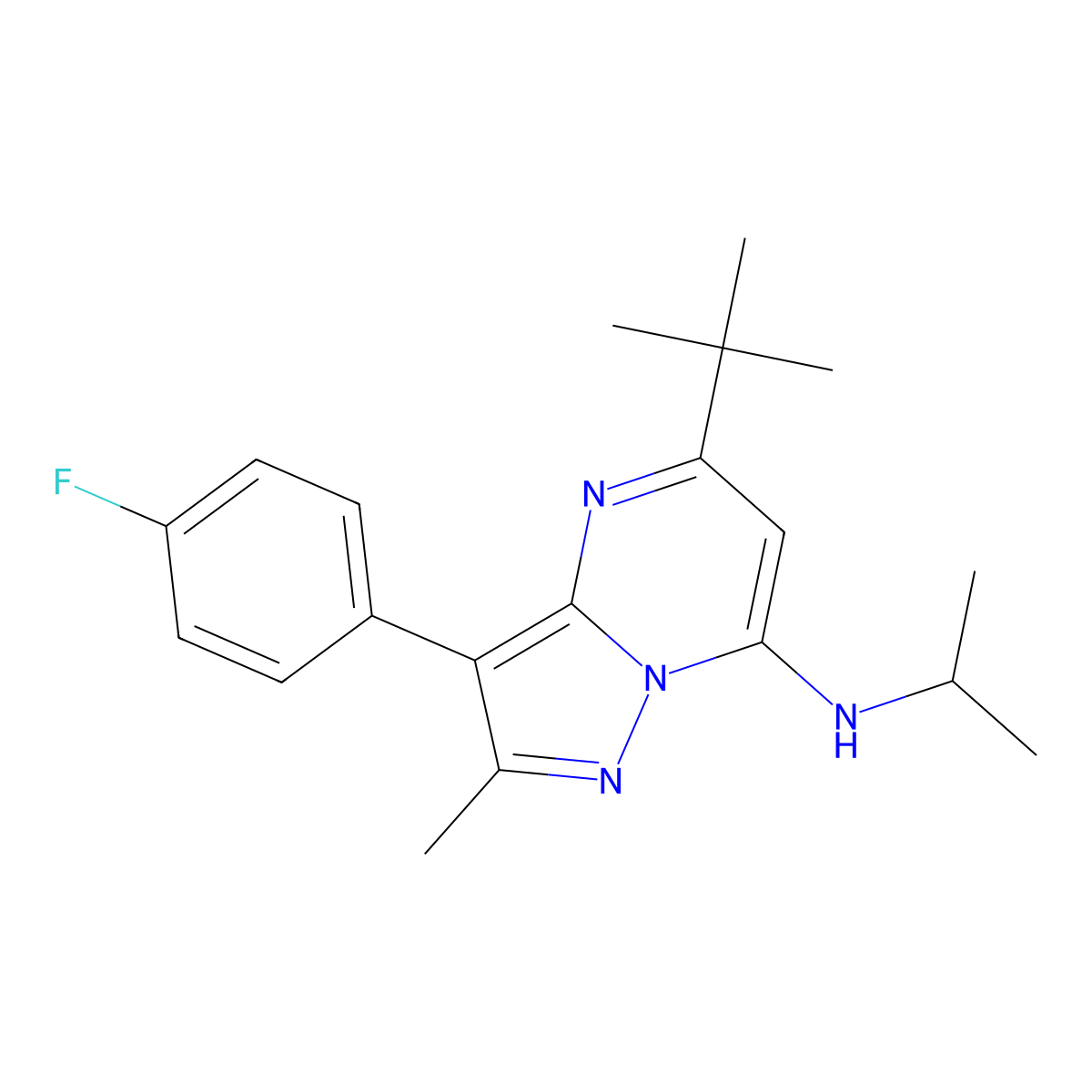5-tert-butyl-3-(4-fluorophenyl)-2-methyl-N-(propan-2-yl)pyrazolo[1,5-a]pyrimidin-7-amine molecular structure, CAS 1031937-86-6