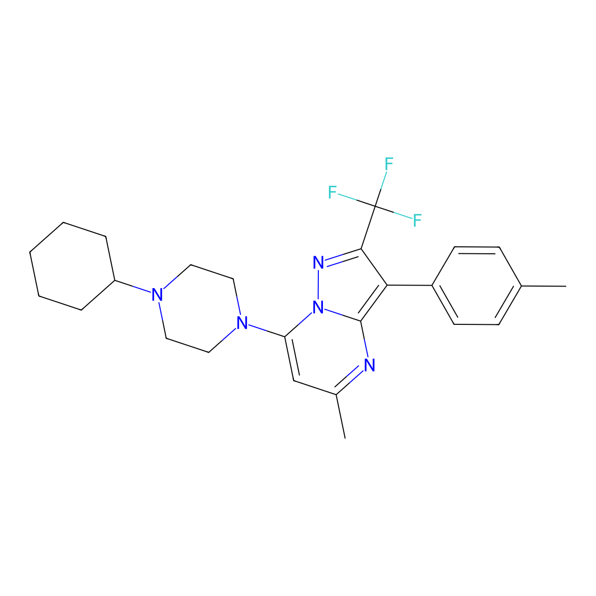 7-(4-Cyclohexylpiperazin-1-yl)-5-methyl-3-(4-methylphenyl)-2-(trifluoromethyl)pyrazolo[1,5-a]pyrimidine molecular structure, CAS 1031937-90-2