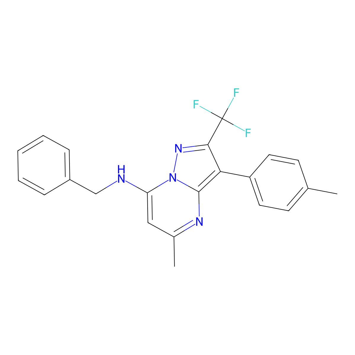 N-benzyl-5-methyl-3-(4-methylphenyl)-2-(trifluoromethyl)pyrazolo[1,5-a]pyrimidin-7-amine molecular structure, CAS 1031937-94-6