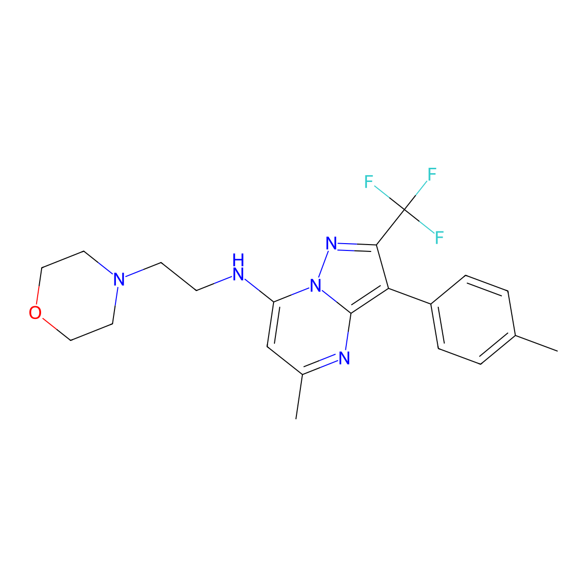 5-methyl-3-(4-methylphenyl)-N-[2-(morpholin-4-yl)ethyl]-2-(trifluoromethyl)pyrazolo[1,5-a]pyrimidin-7-amine molecular structure, CAS 1031938-02-9