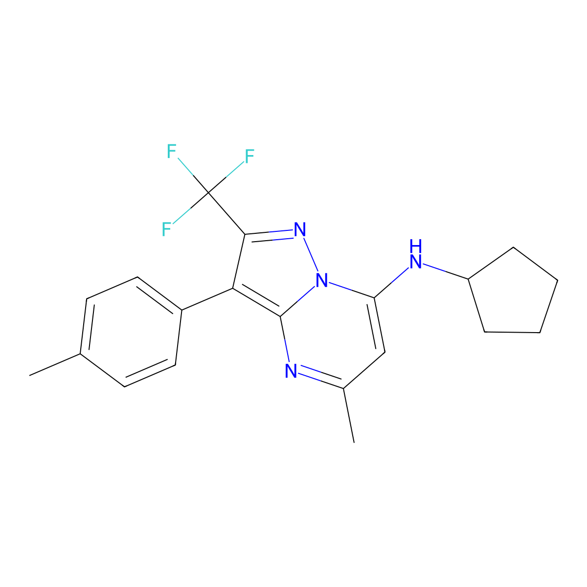 N-cyclopentyl-5-methyl-3-(4-methylphenyl)-2-(trifluoromethyl)pyrazolo[1,5-a]pyrimidin-7-amine molecular structure, CAS 1031938-06-3